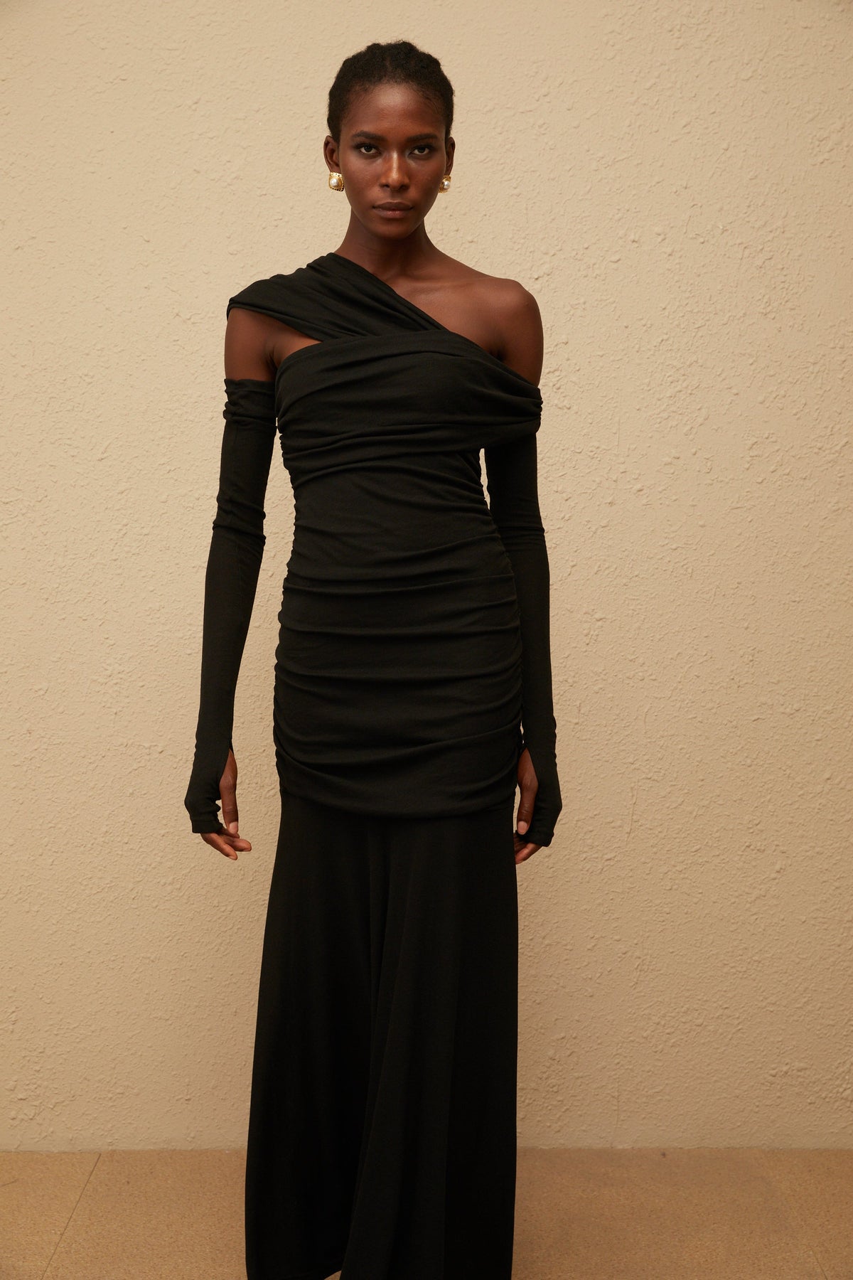 Aava Black Ruched Knit Maxi Dress