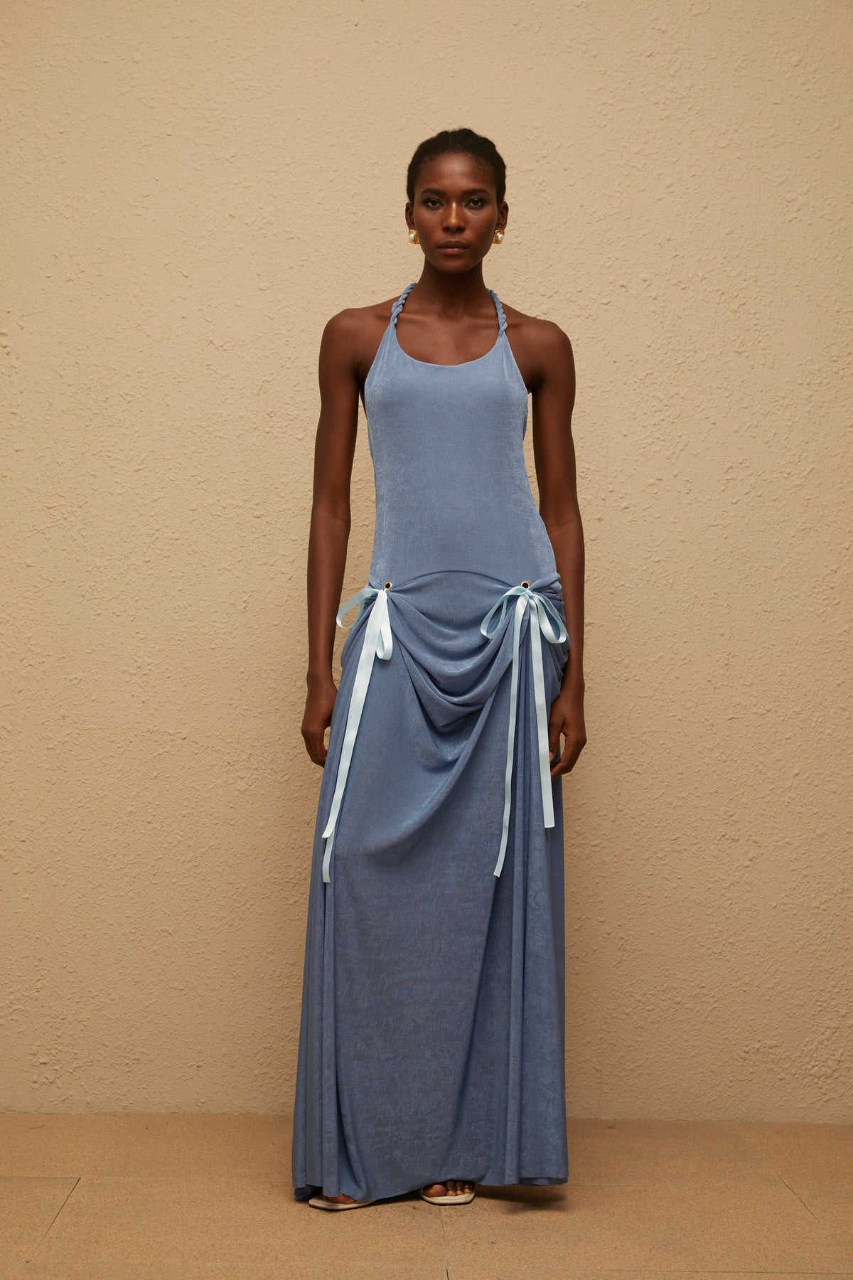 Adèle Blue Bowknot Velvet Maxi Dress (Final Sale-US Only)
