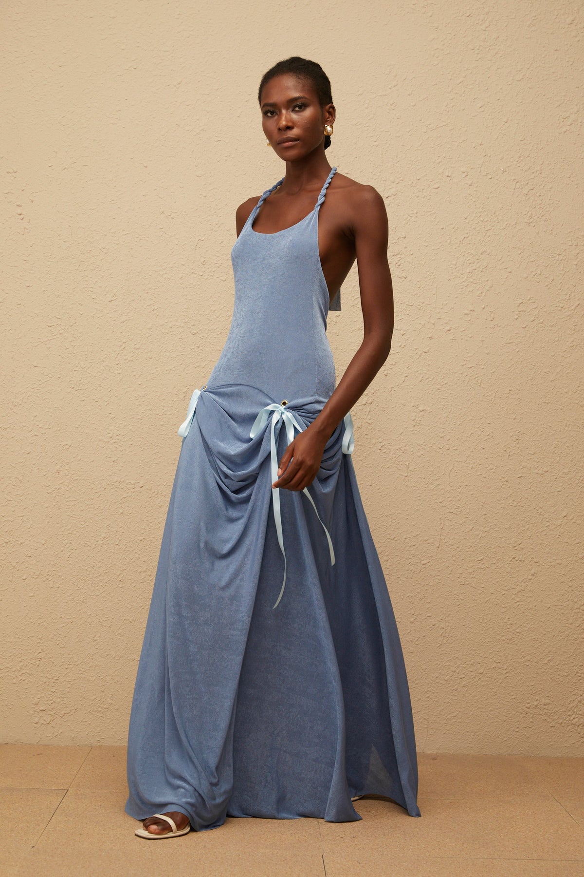 Adèle Blue Bowknot Velvet Maxi Dress (Final Sale)