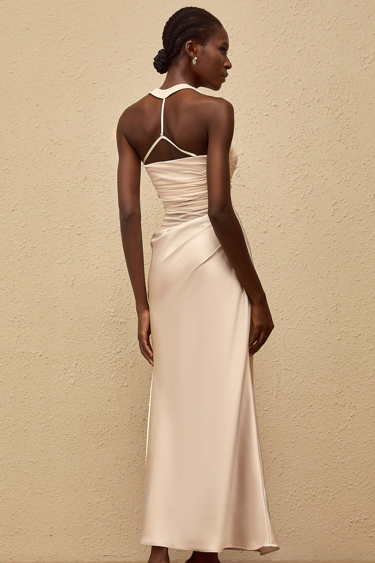 Taina Grey Mesh Panel Ruched Maxi Dress