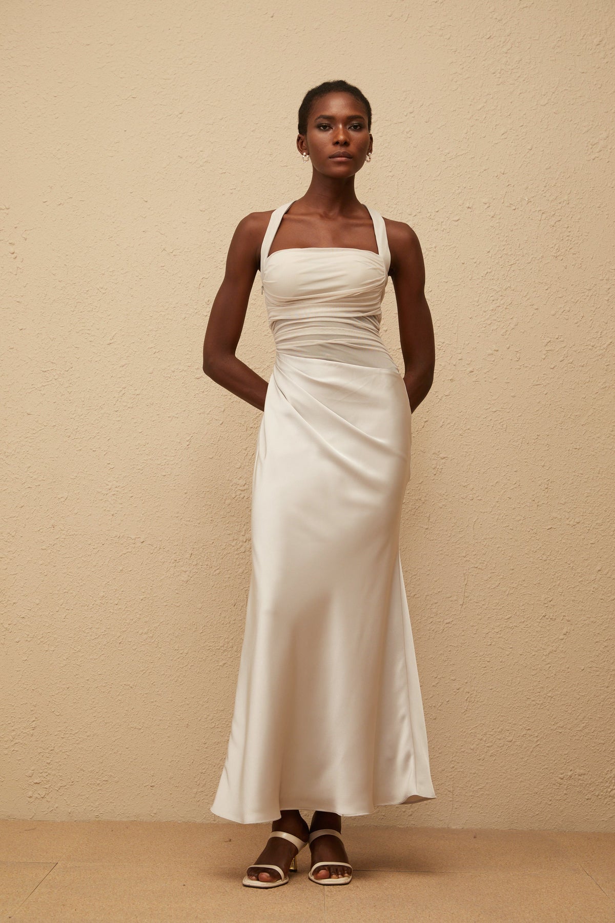 Taina Grey Mesh Panel Ruched Maxi Dress