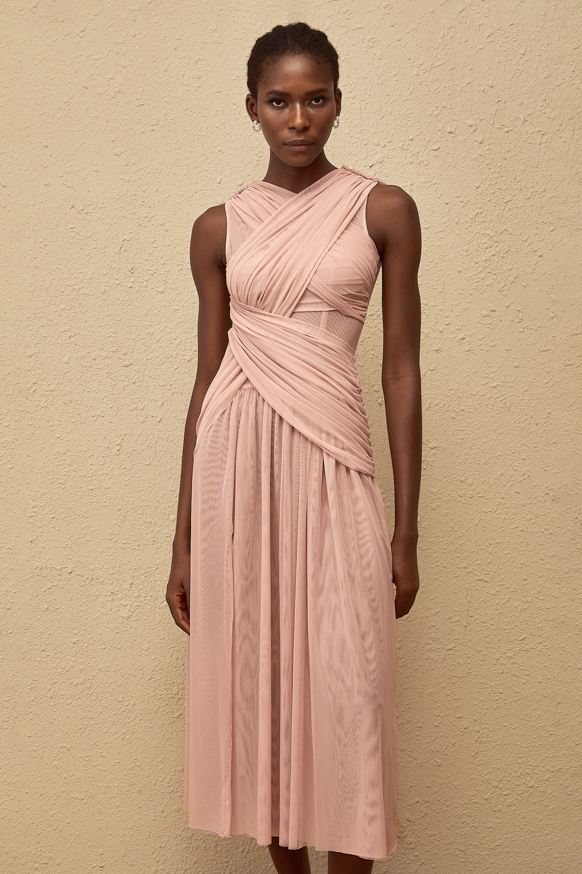 Sérénité Lilac Cross-Over Mesh Midi Dress