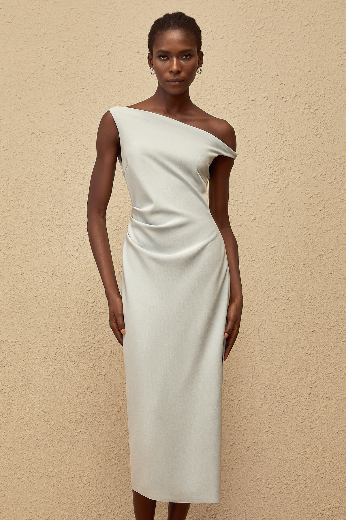 Dagny Blue One Shoulder Gathered Midi Dress (Final Sale)