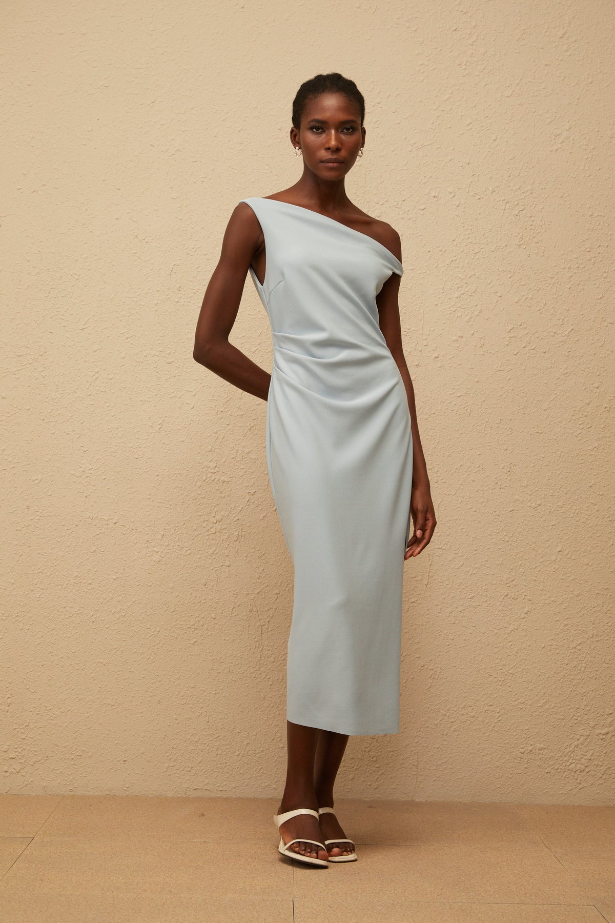 Dagny Blue One Shoulder Gathered Midi Dress (Final Sale)