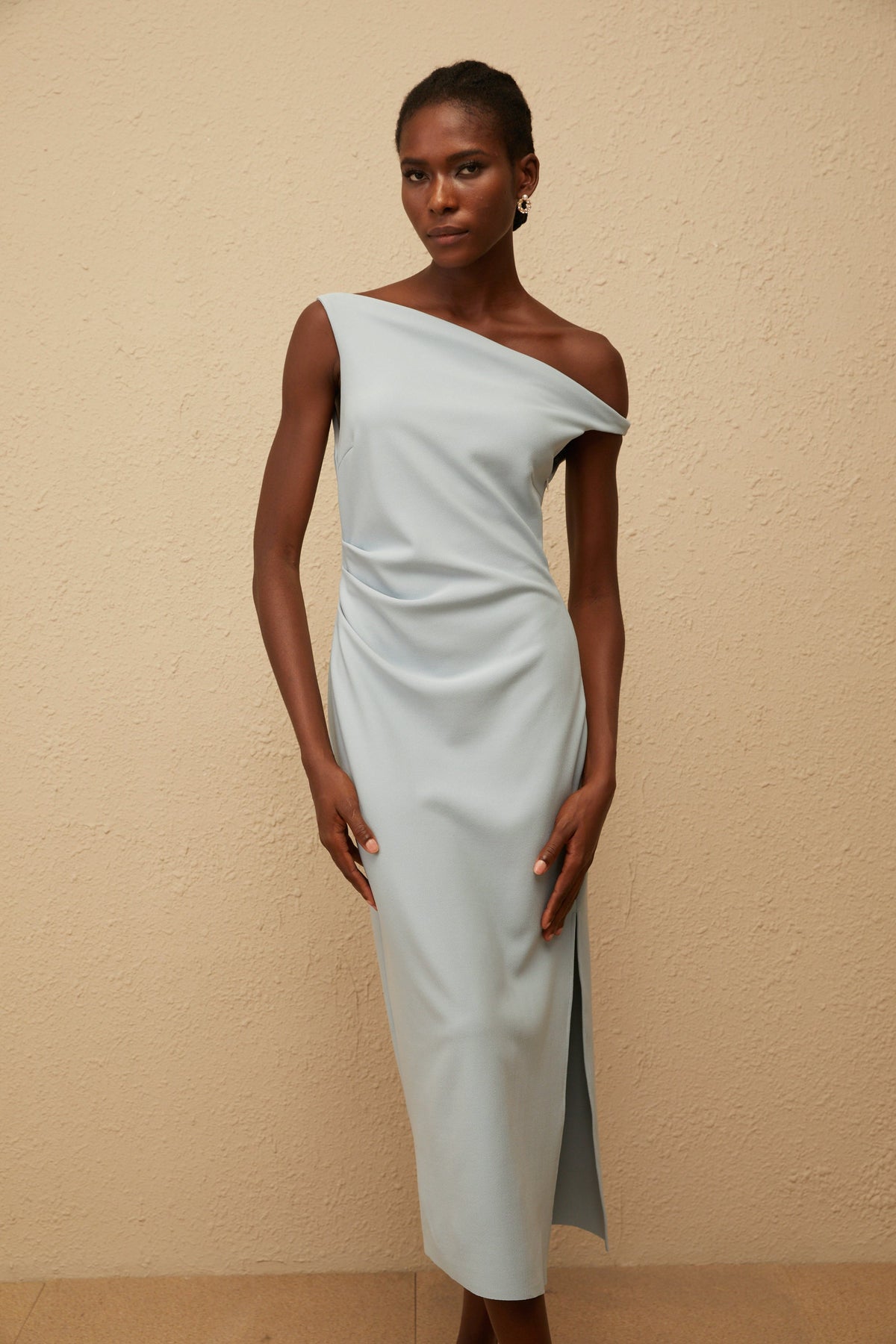 Dagny Blue One Shoulder Gathered Midi Dress (Final Sale)