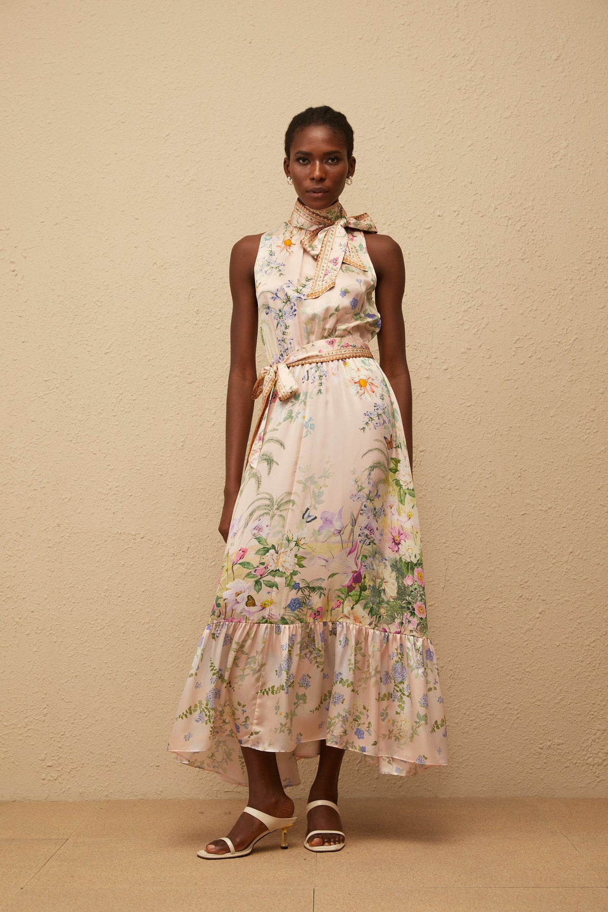 Madeleine Neutral Floral Print Satin Maxi Dress