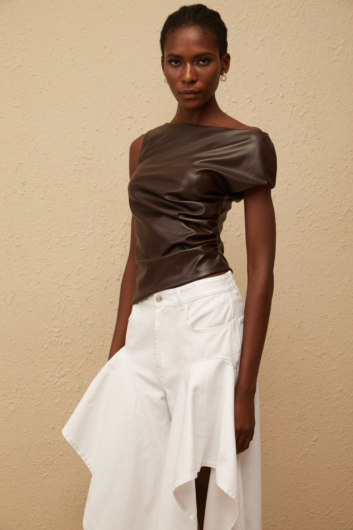 Nadja Brown Asymmetrical Leather Top