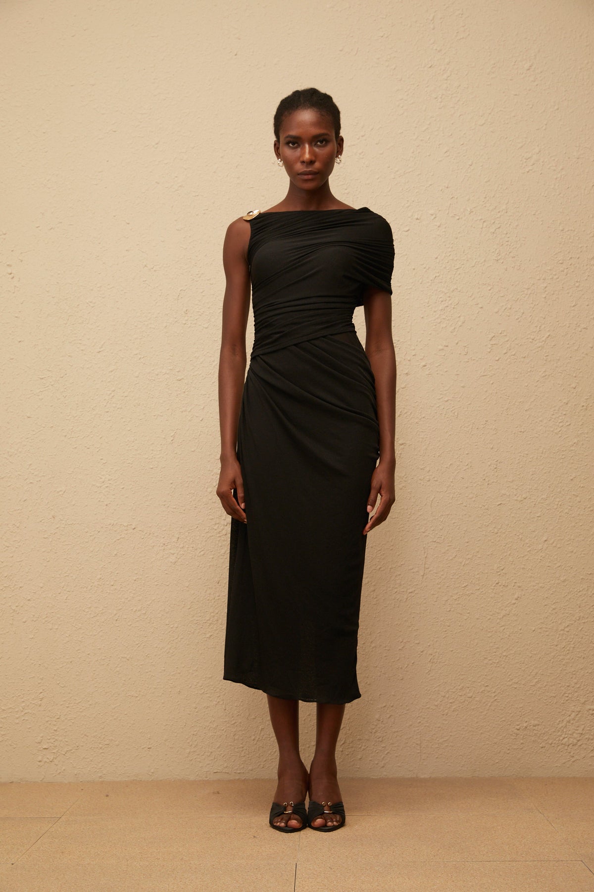 Latika Black One Shoulder Gathered Midi Dress
