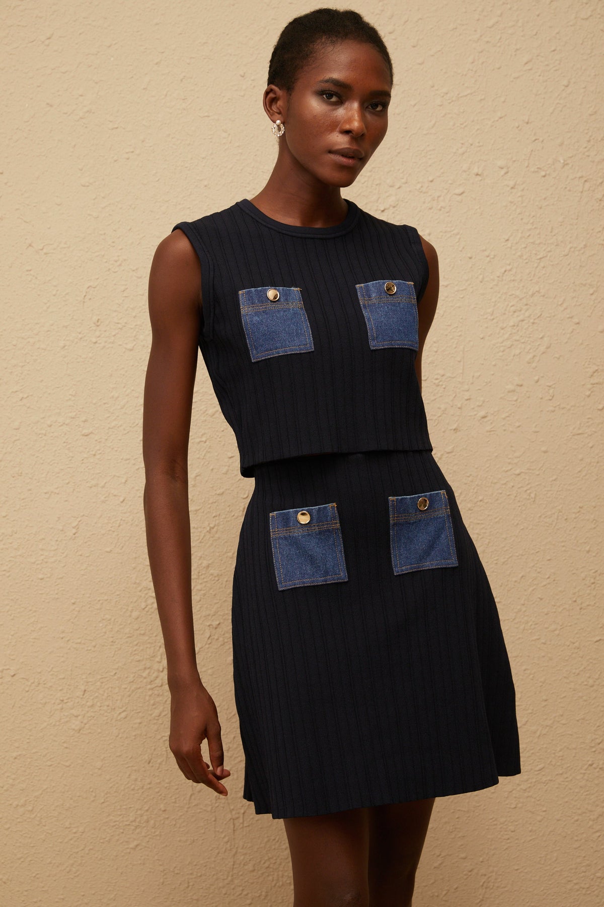 Cleopatra Blue Denim Panel Ribbed Knit Matching Set (Final Sale)