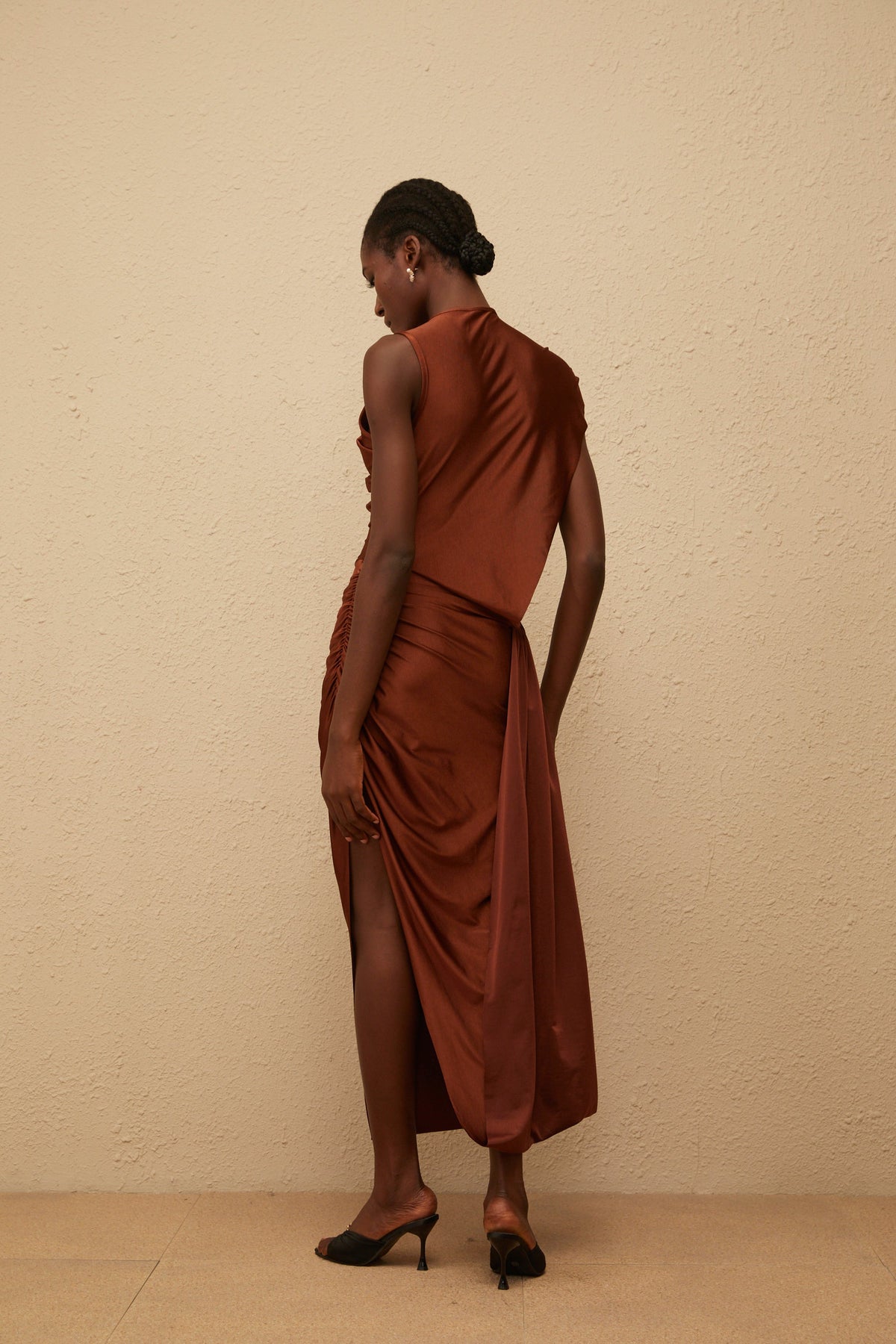 Reine Brown Asymmetrical Ruched Maxi Dress (Final Sale-US Only)
