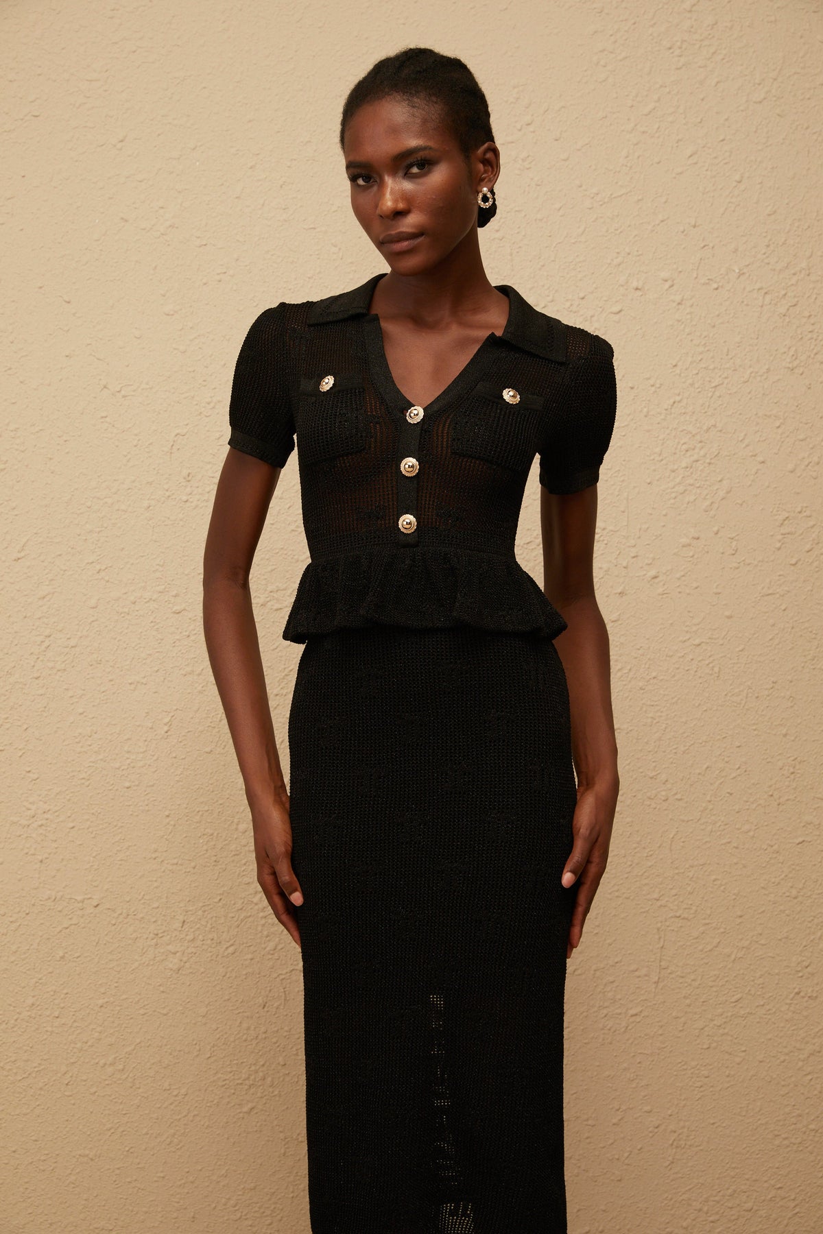 Theodora Black Crochet Knit Midi Dress