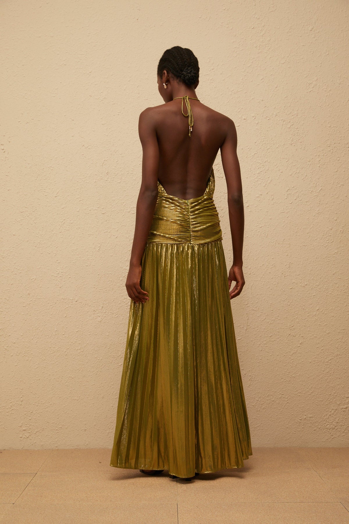 Alchimie Green Glossy Pleated Maxi Dress