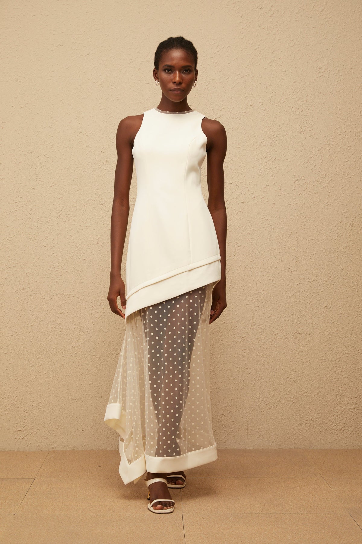 Esteri White Polka Dot Tulle Panel Maxi Dress