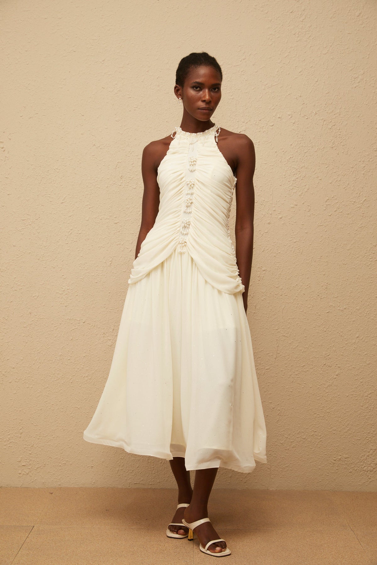 Martha White Faux Pearl Ruched Midi Dress (Final Sale)