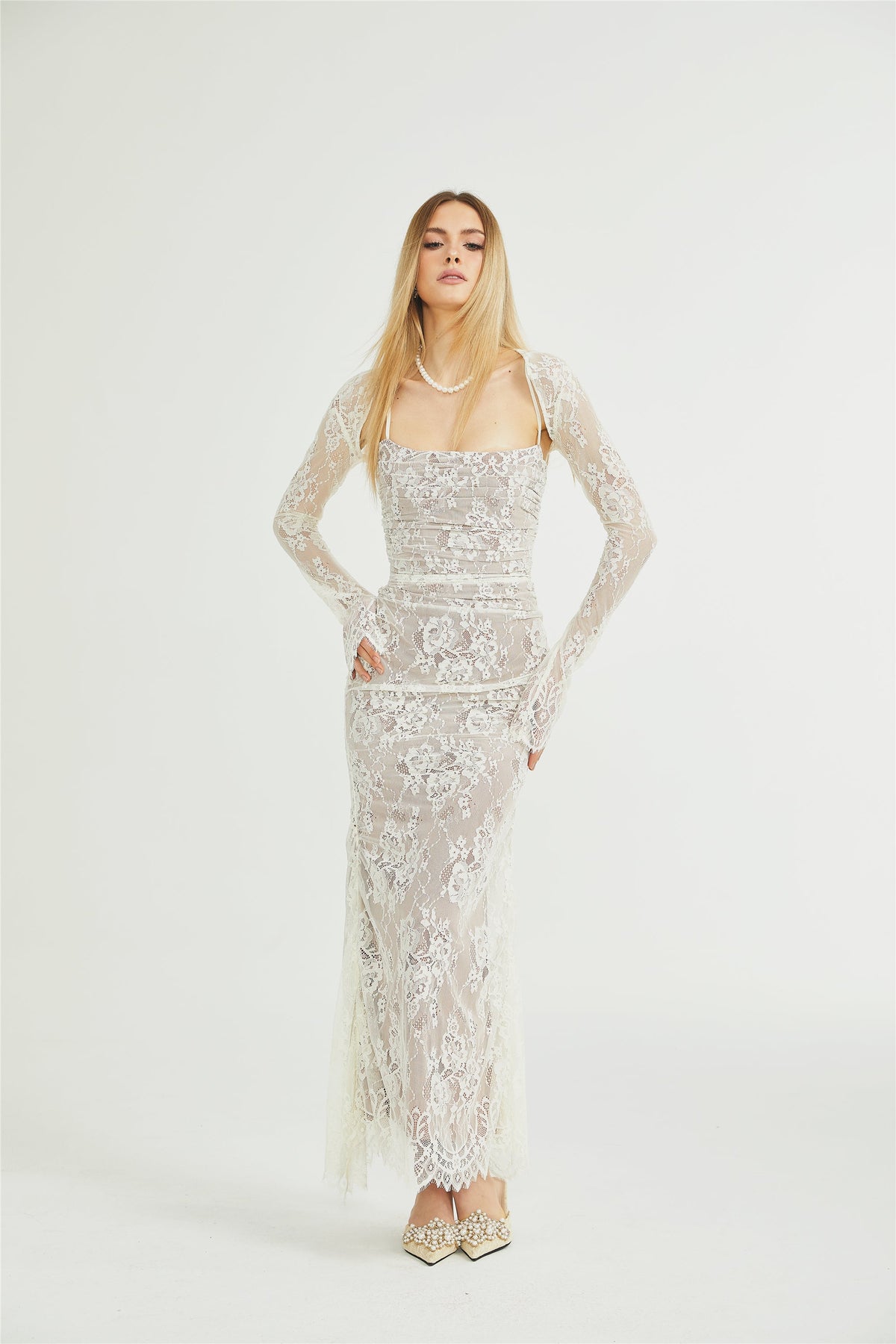 Valérie white floral lace mesh maxi dress (Final Sale-US Only)