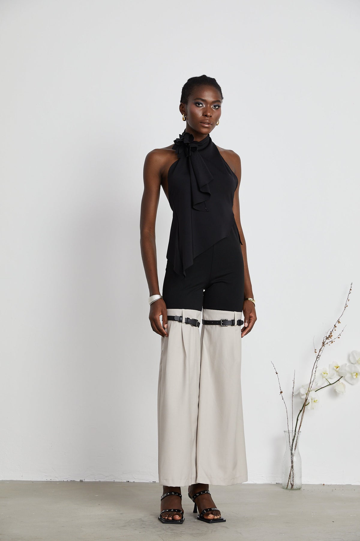 Aline floral-appliqué backless asymmetrical top