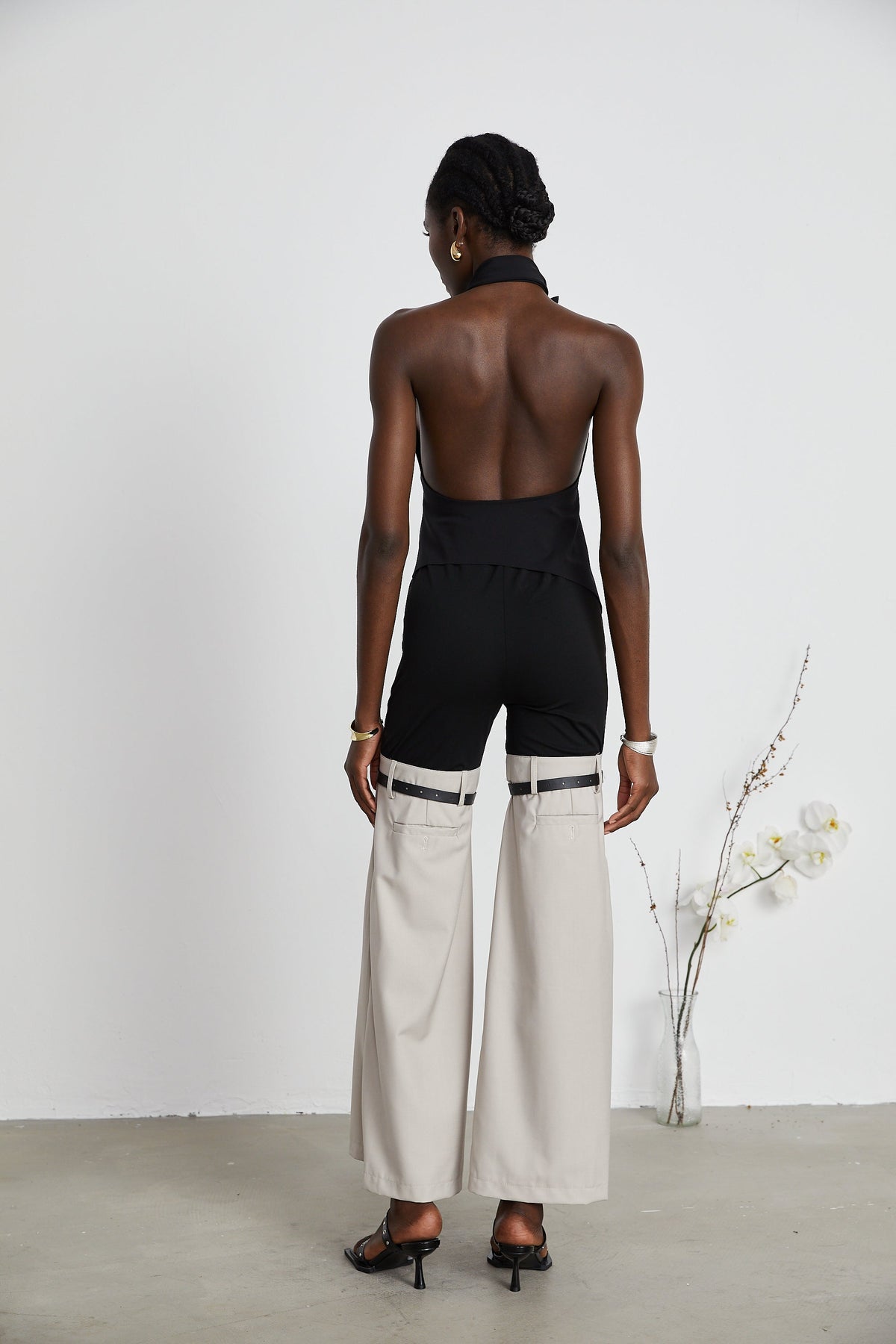 Aline floral-appliqué backless asymmetrical top