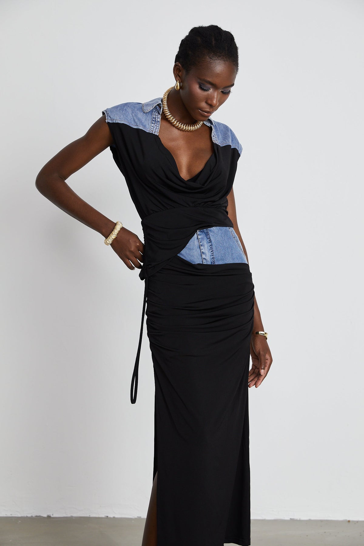 Nala jersey-panelled denim top & skirt matching set