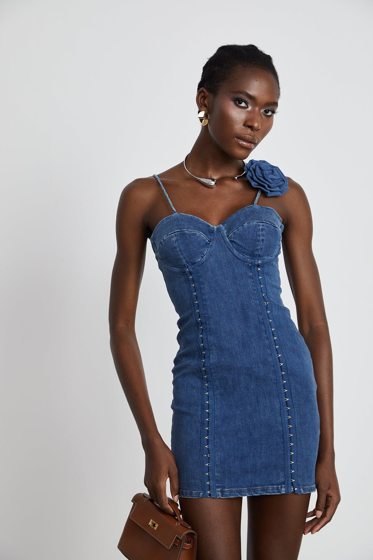 Yvette floral-appliqué denim mini dress