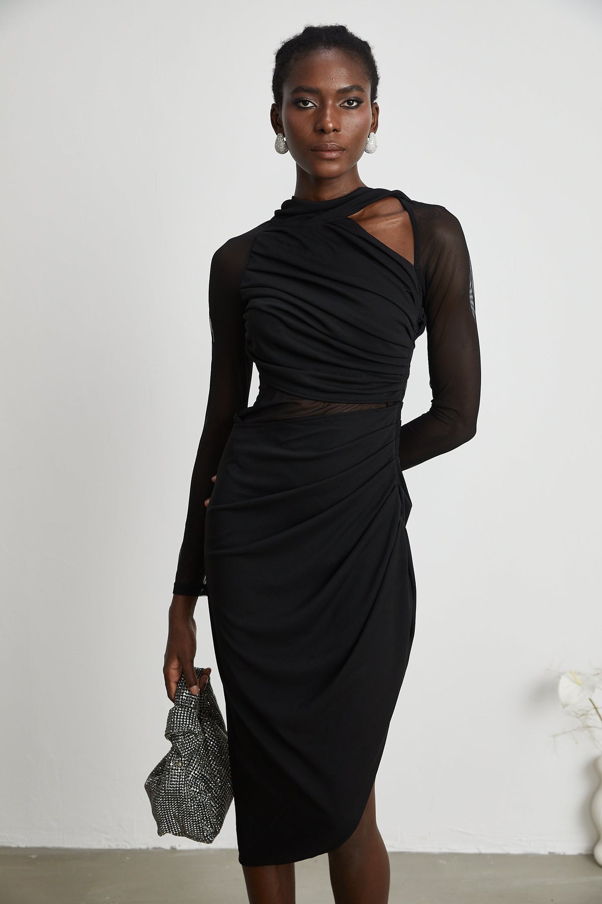 Clarisse semi-sheer ruched midi dress (Final Sale-US Only)