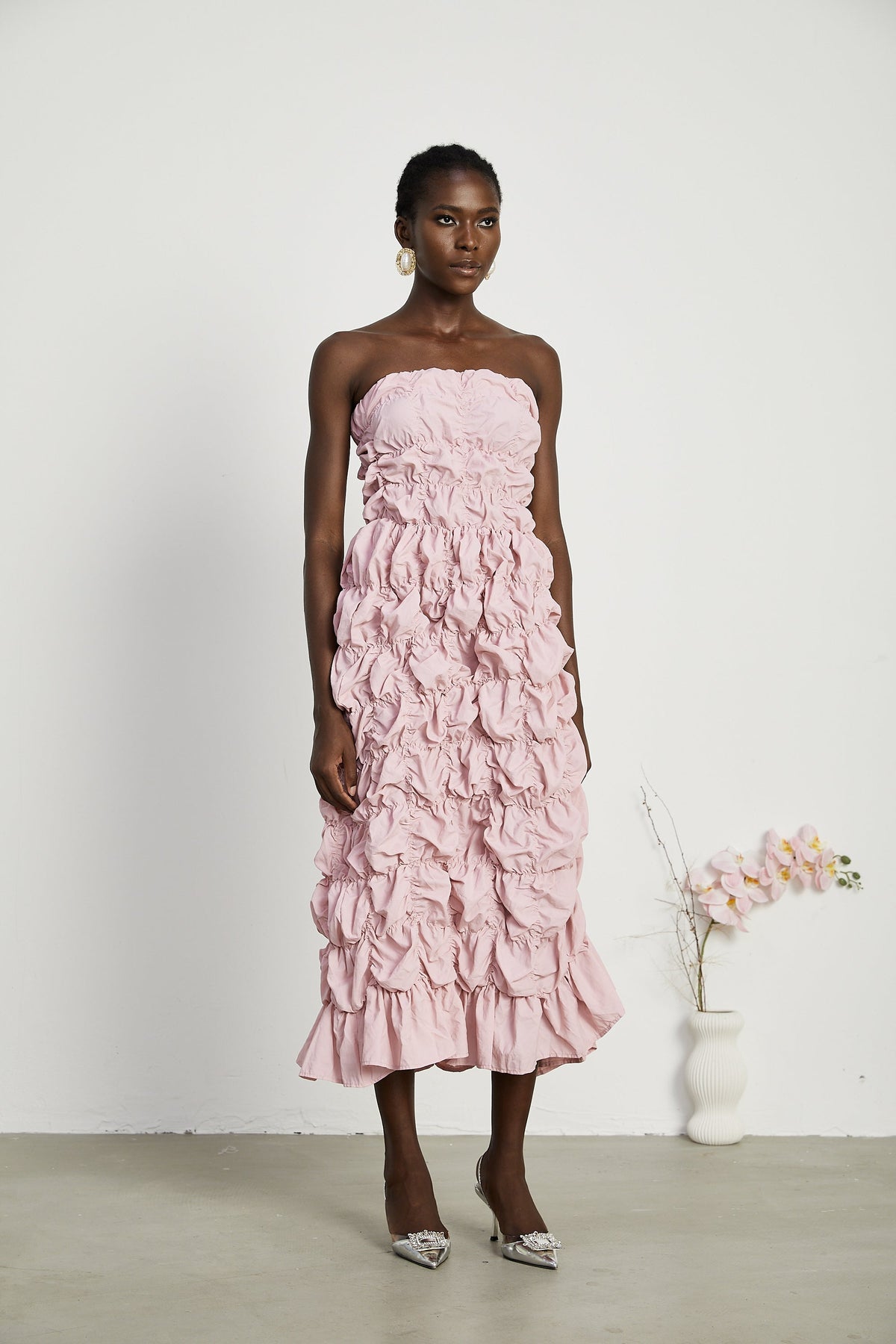 Aurore puffed pleated midi dress - Pink