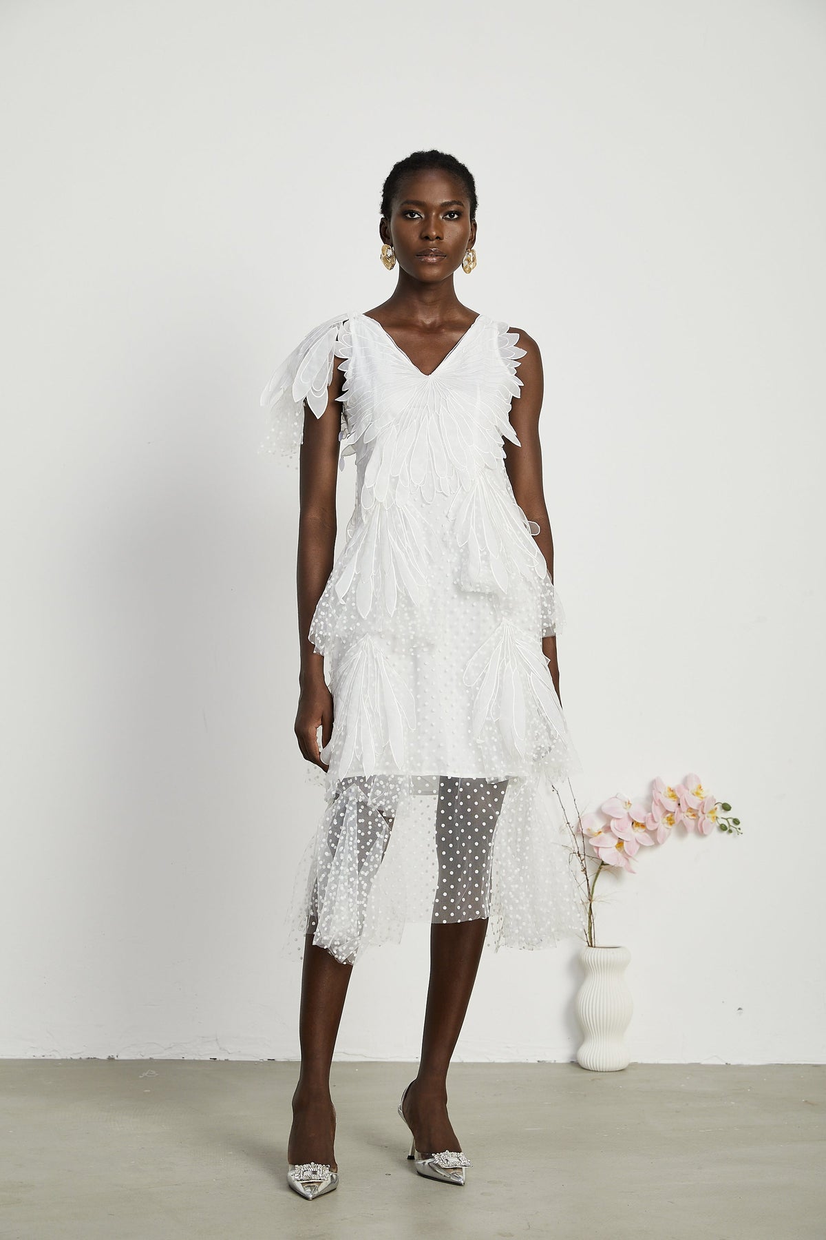 Solène faux-feather pleated midi dress