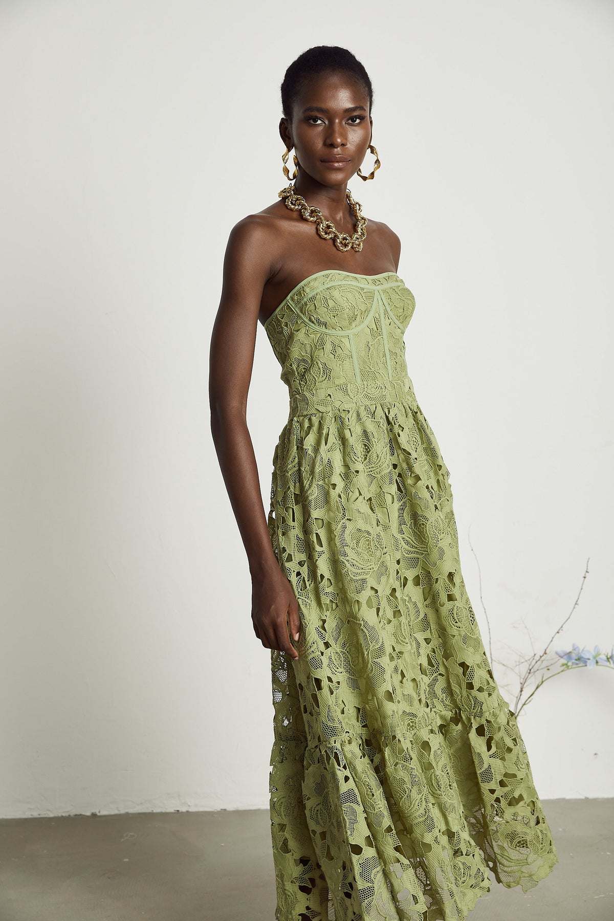 Inès lace floral embroidered cut-out midi dress in Green (Final Sale-US Only)