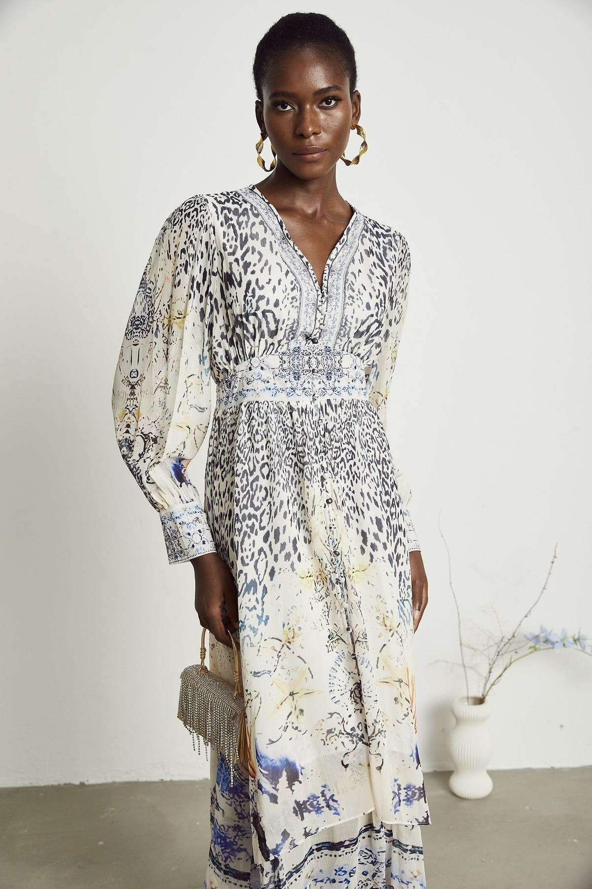 Elida button-front ruffled maxi dress