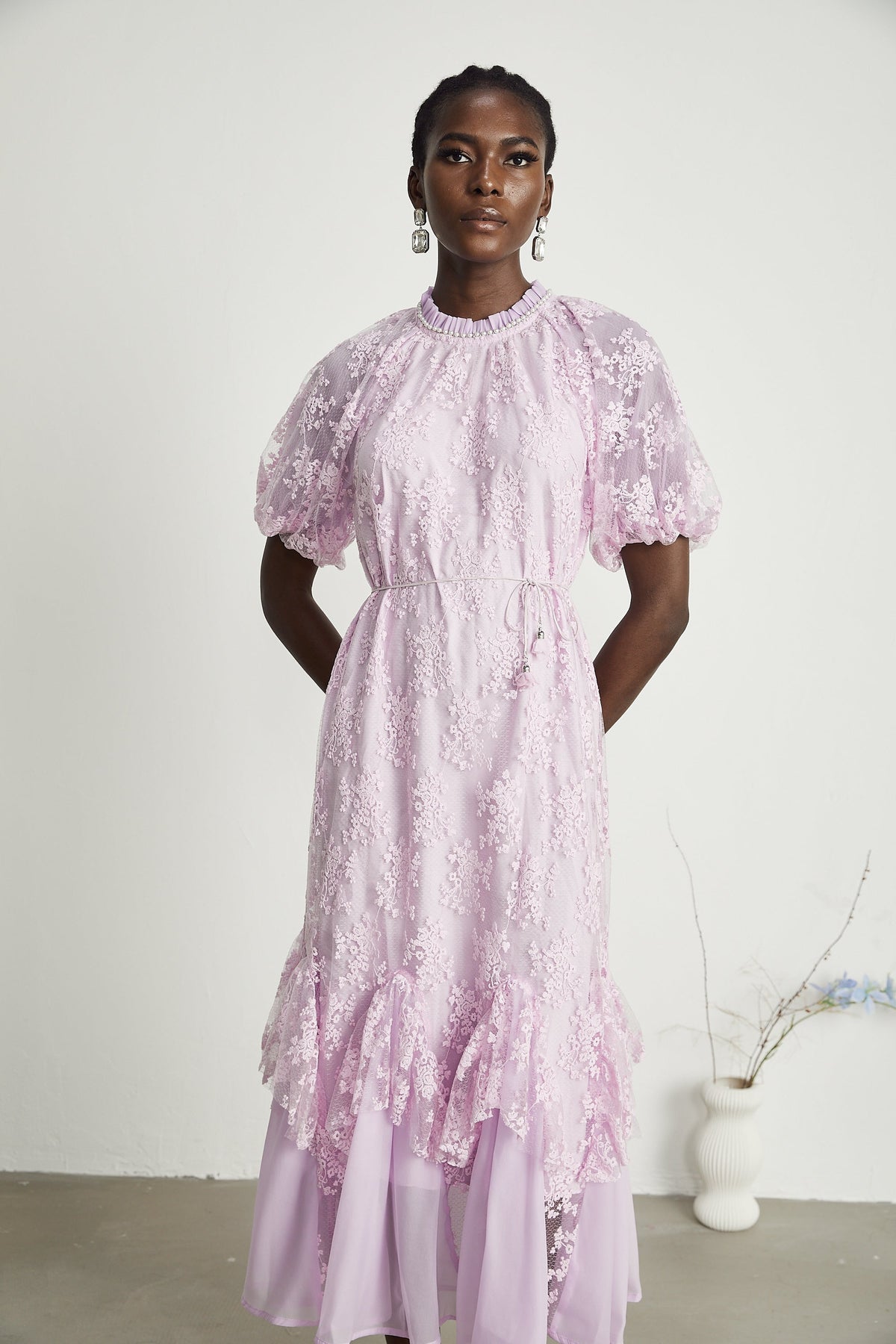 Coralie floral embroidered layered midi dress in Purple
