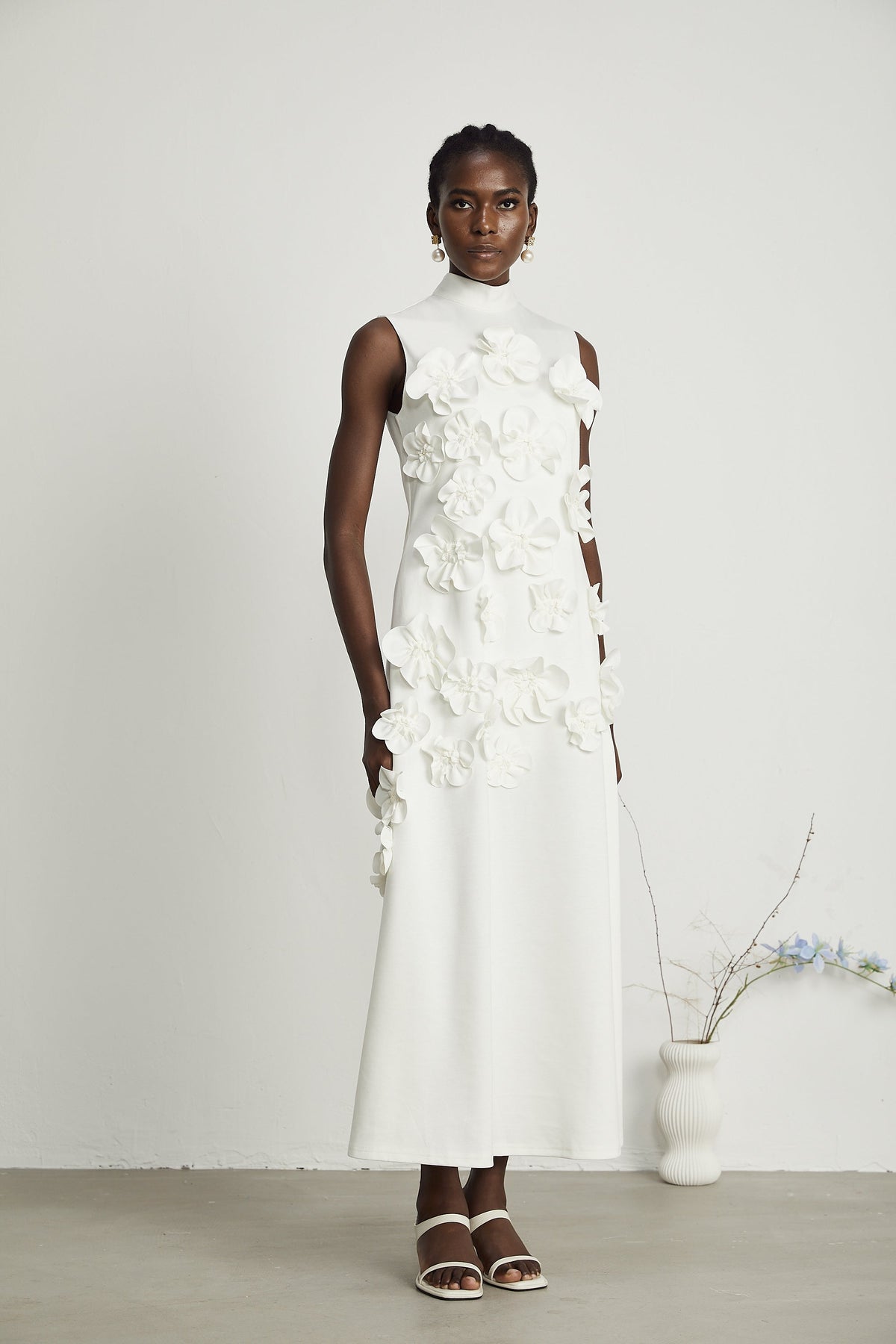 Magali White Sleeveless Maxi Dress with Faux Flower & Bow-Tie Embellishment (Final Sale-US Only)