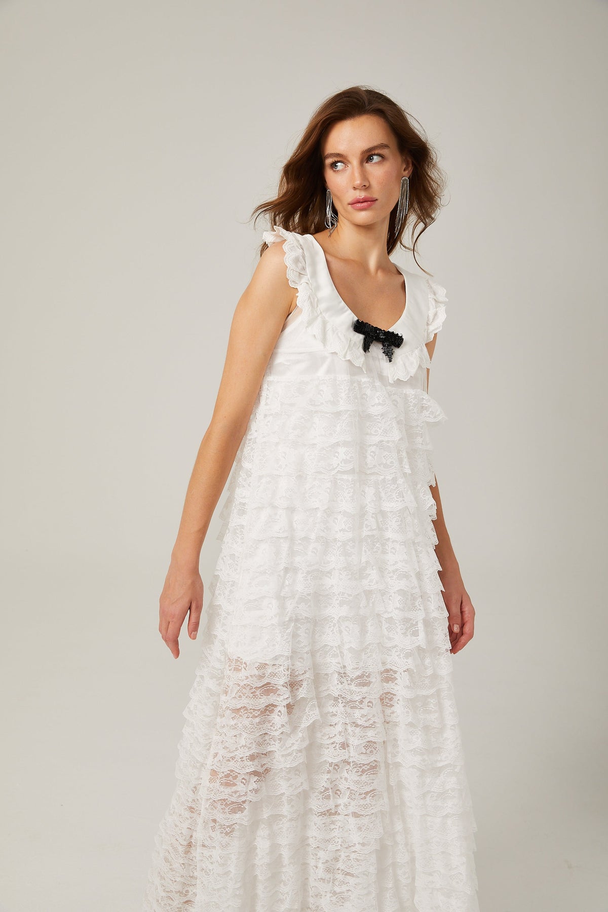 Alora white lace-trim tiered midi dress (Final Sale-US Only)