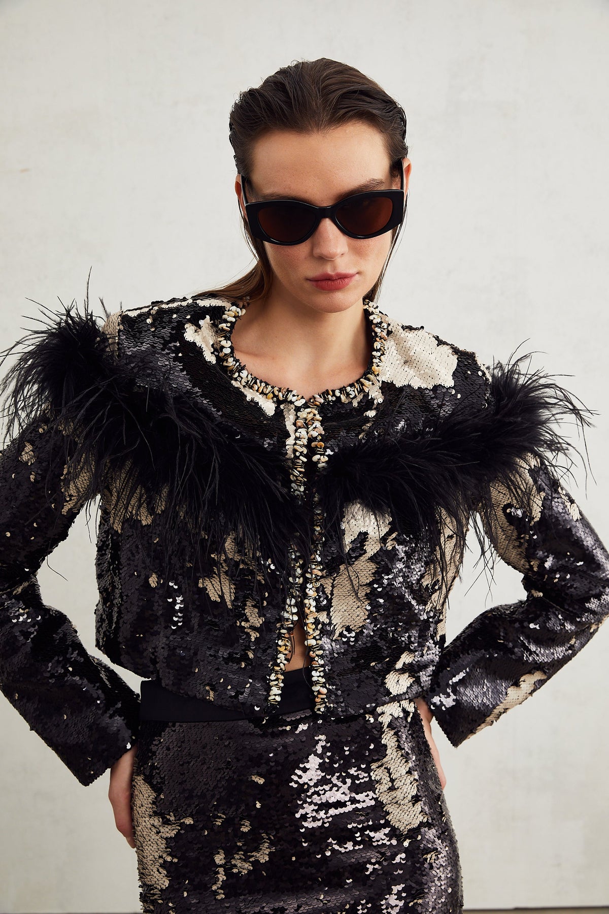 Magali feather-embellished sequin short jacket