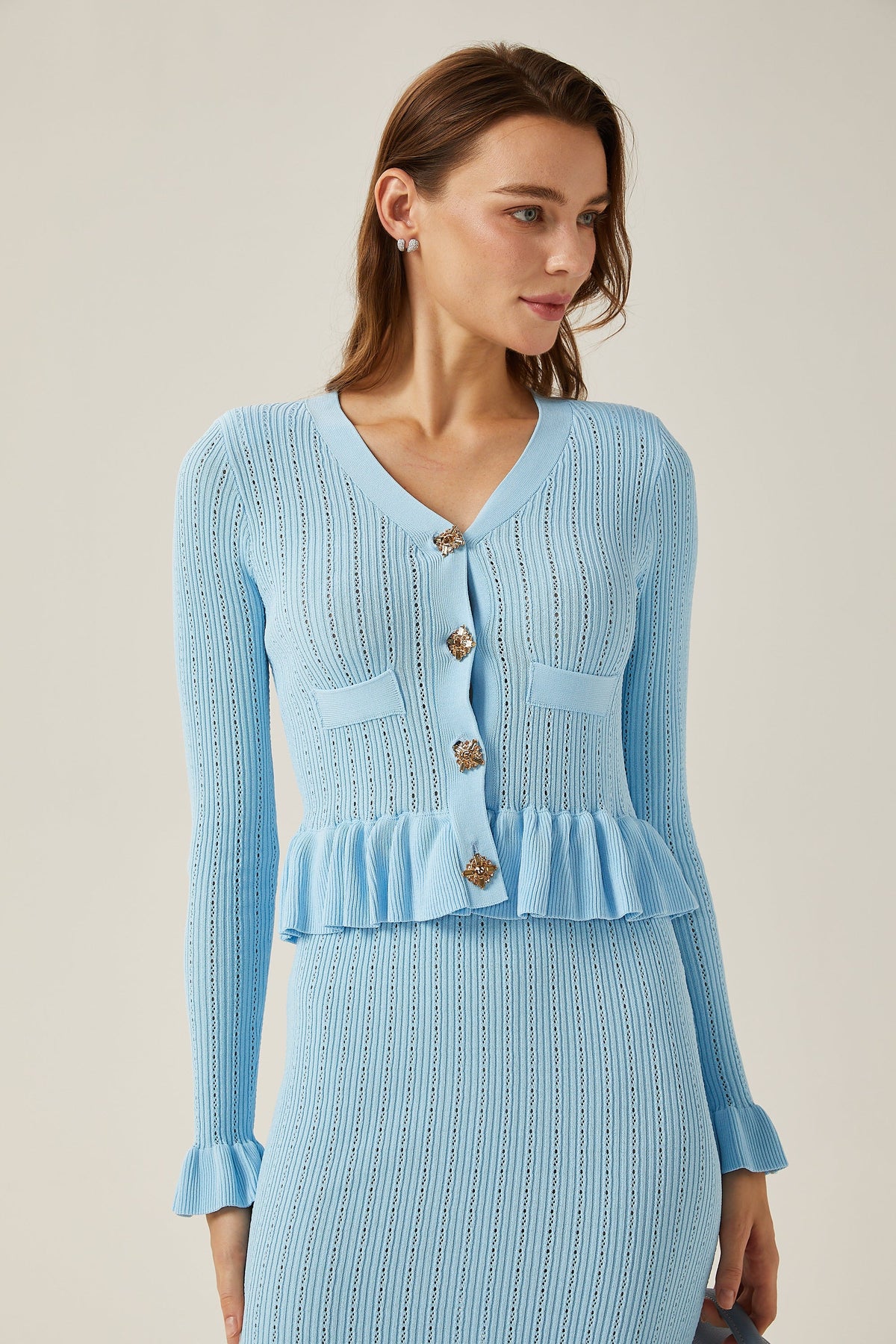 Gabrielle blue flared knitted top & skirt matching set