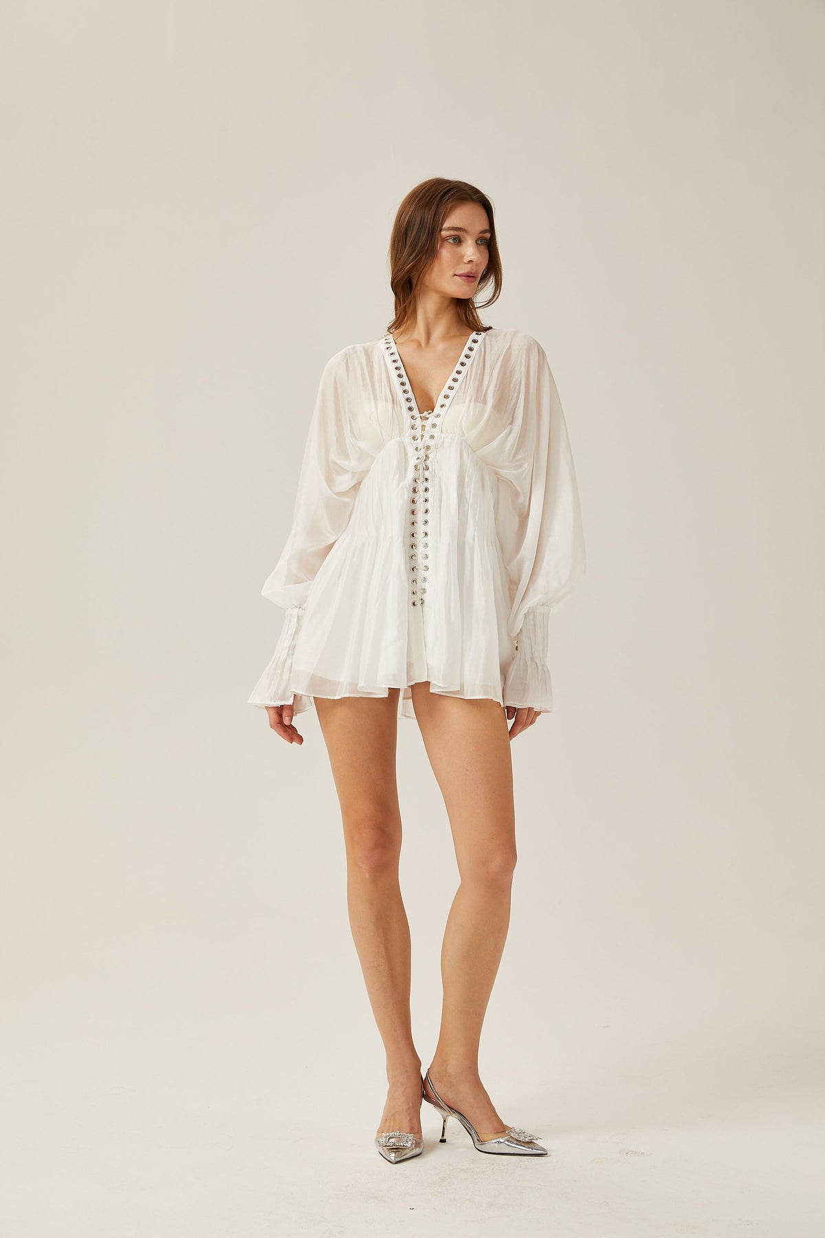 Yvonne V-neck front-tie semi-sheer mini dress