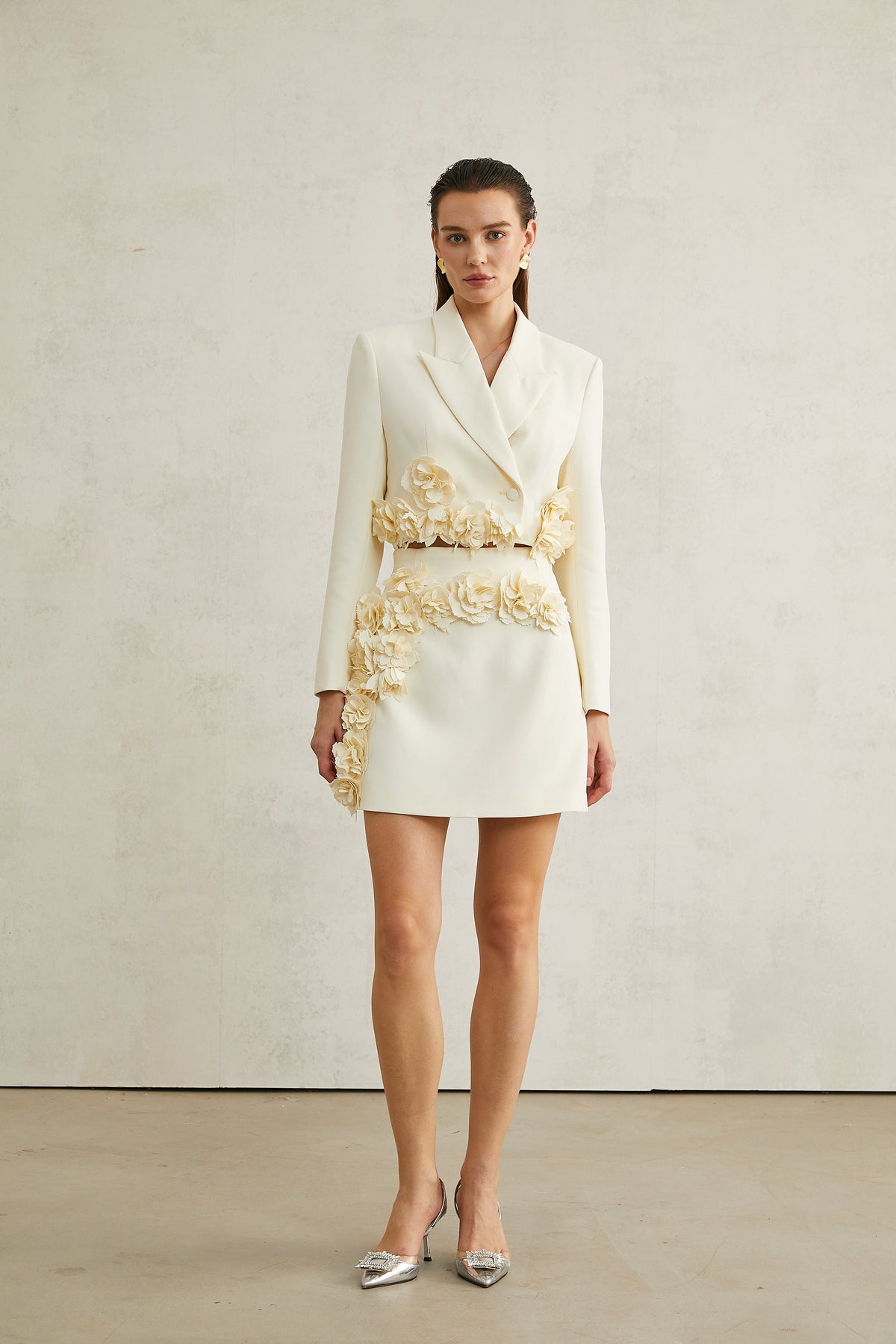 Vivien floral-appliqué jacket & skirt matching set