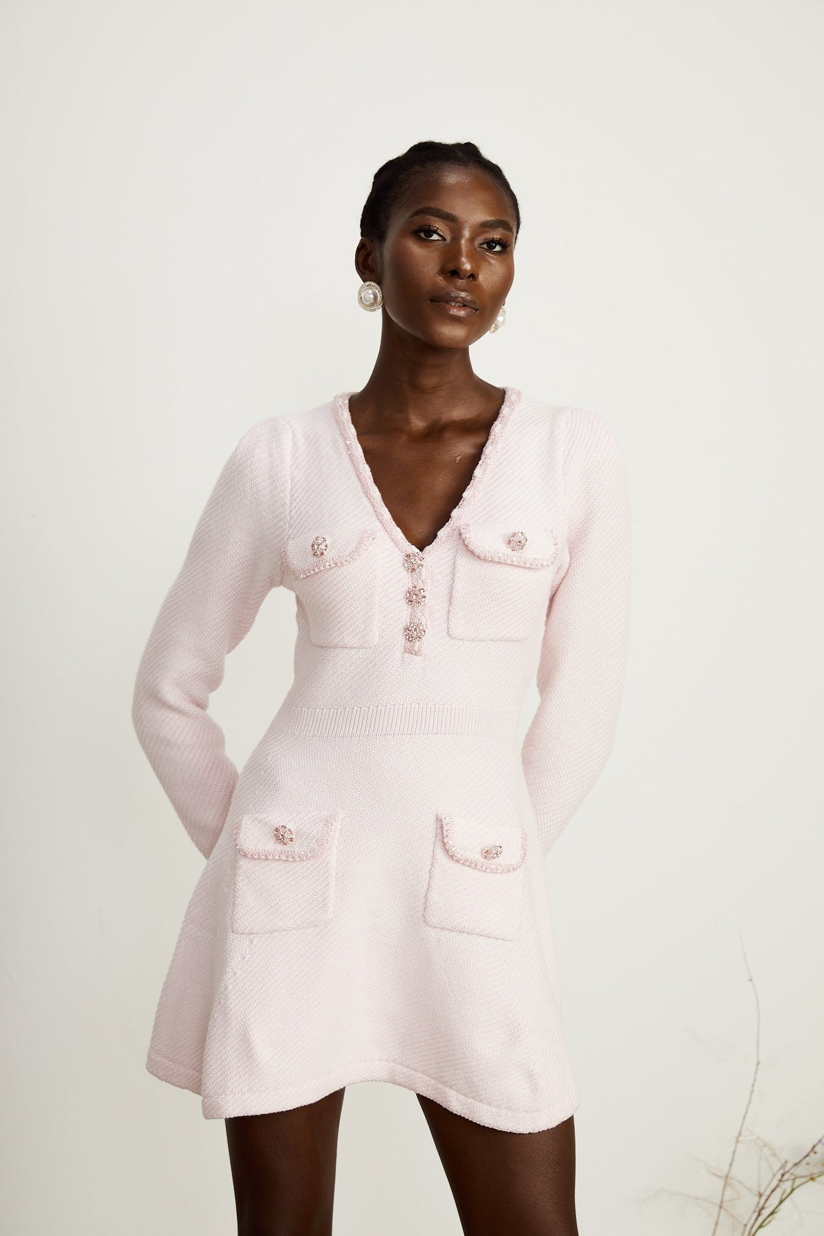 Karine pink V-neck knitted mini dress (Final Sale)