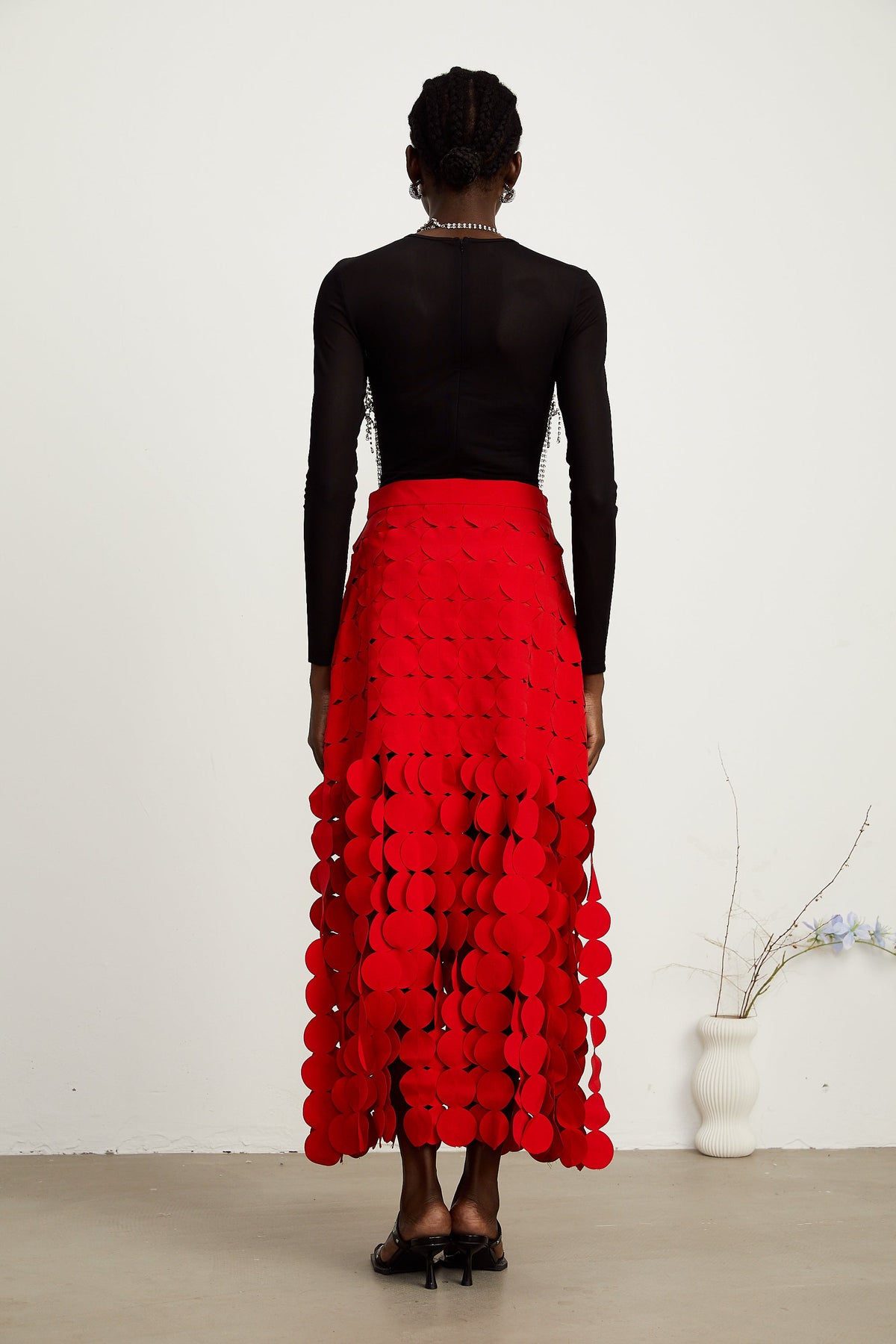 Hanna disc-design fringed maxi skirt in Red