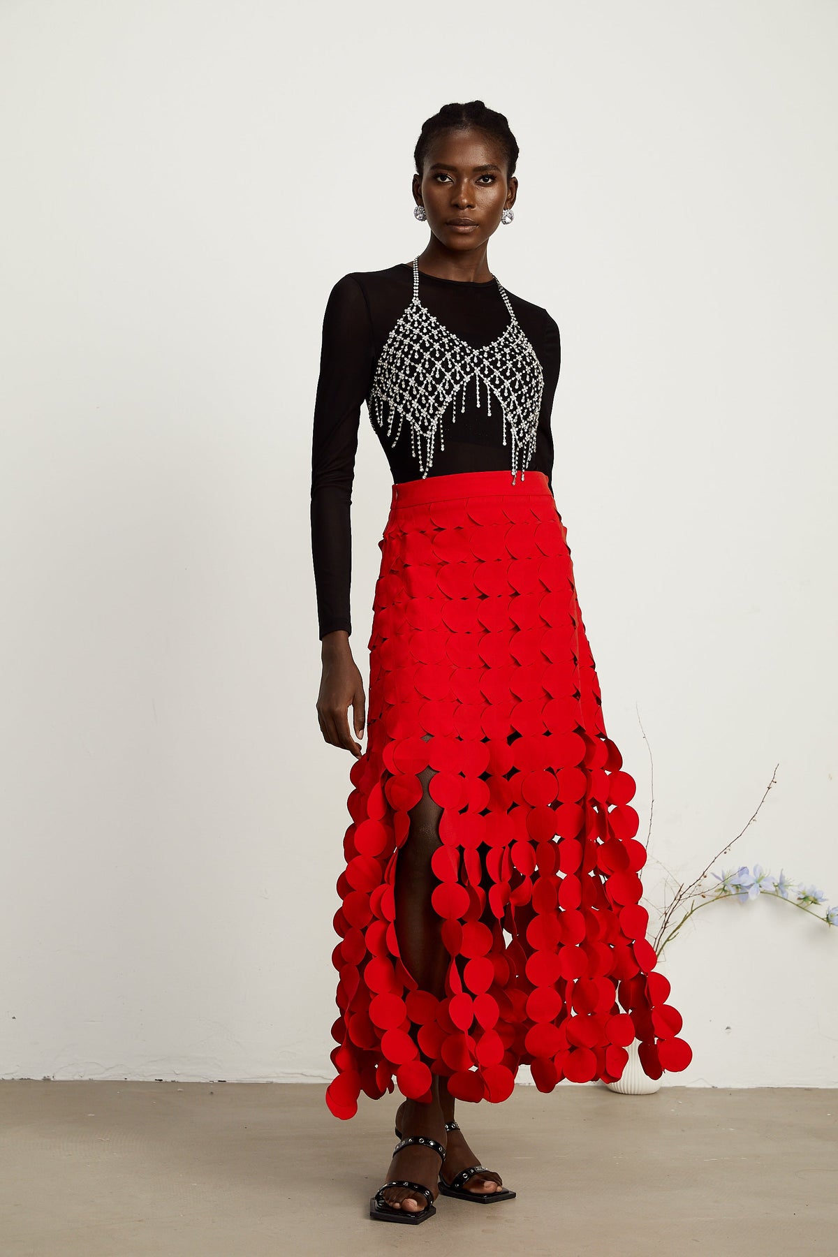 Hanna disc-design fringed maxi skirt in Red