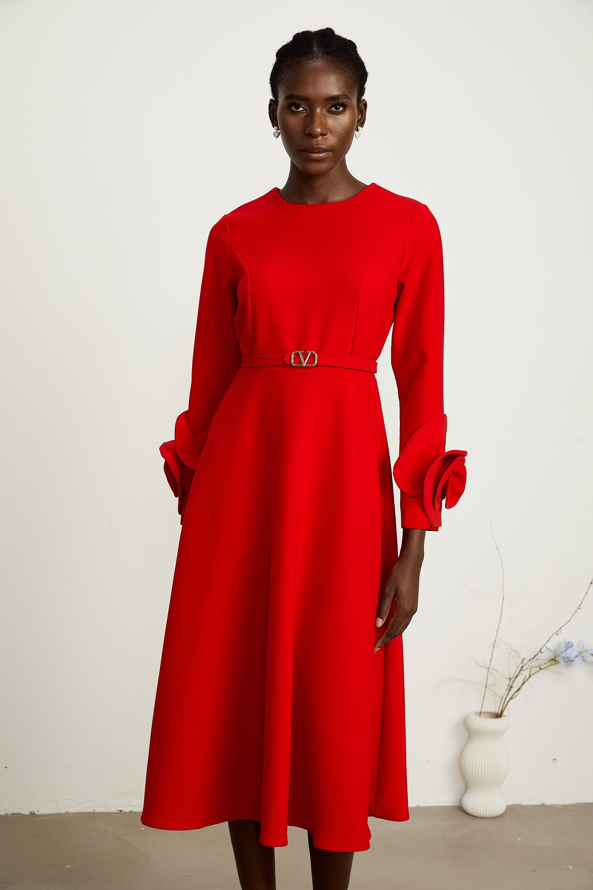 Aurelia red long-sleeve floral dress