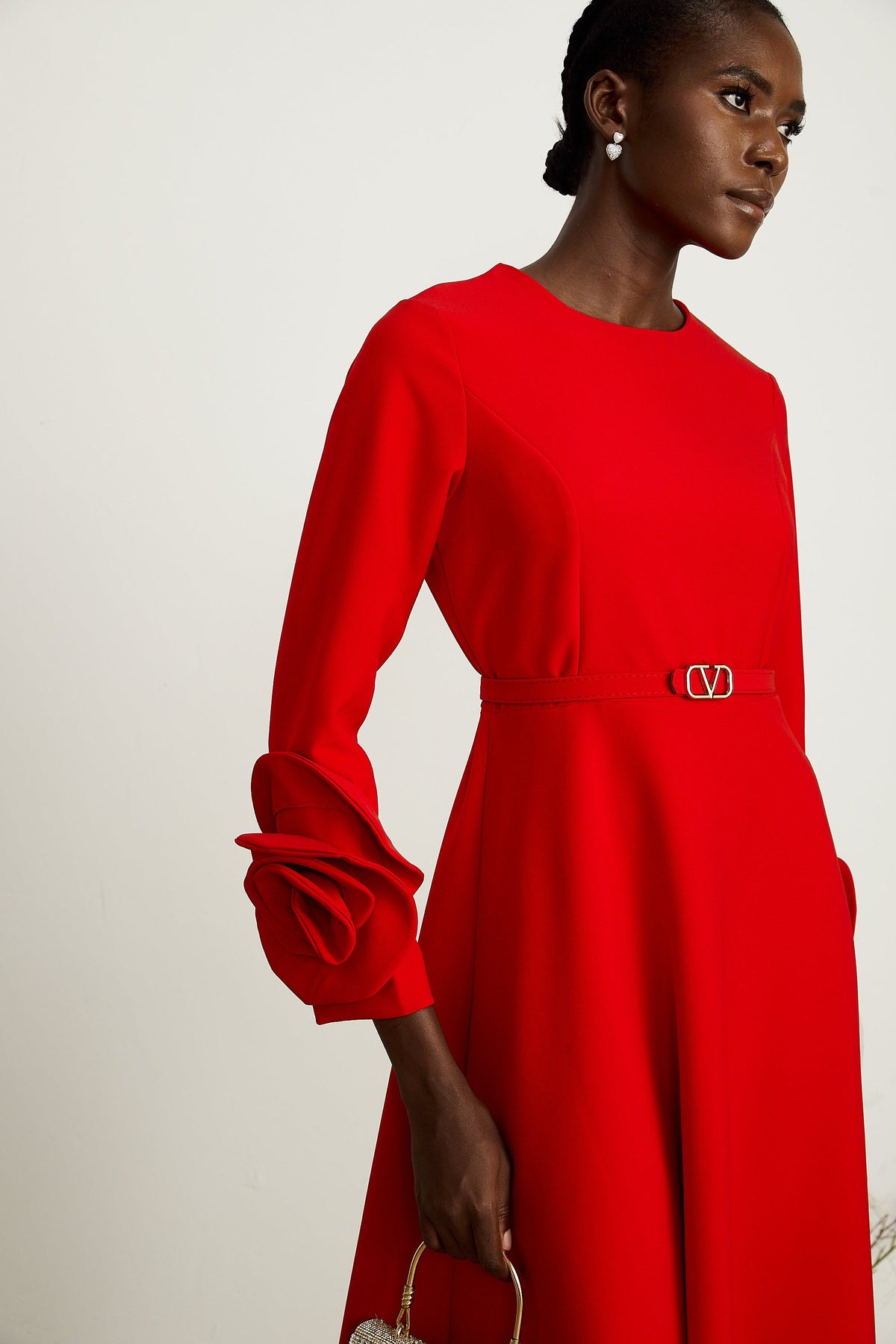 Elysia floral-embellished red long-sleeve dress