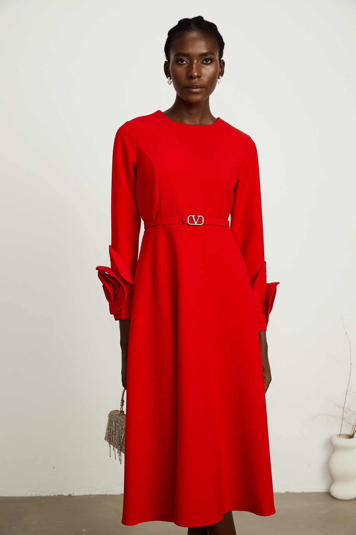Elysia floral-embellished red long-sleeve dress