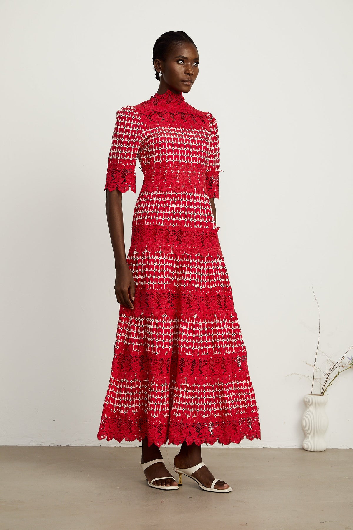 Chantal red scallop-pattern lace-panel maxi dress (Final Sale)