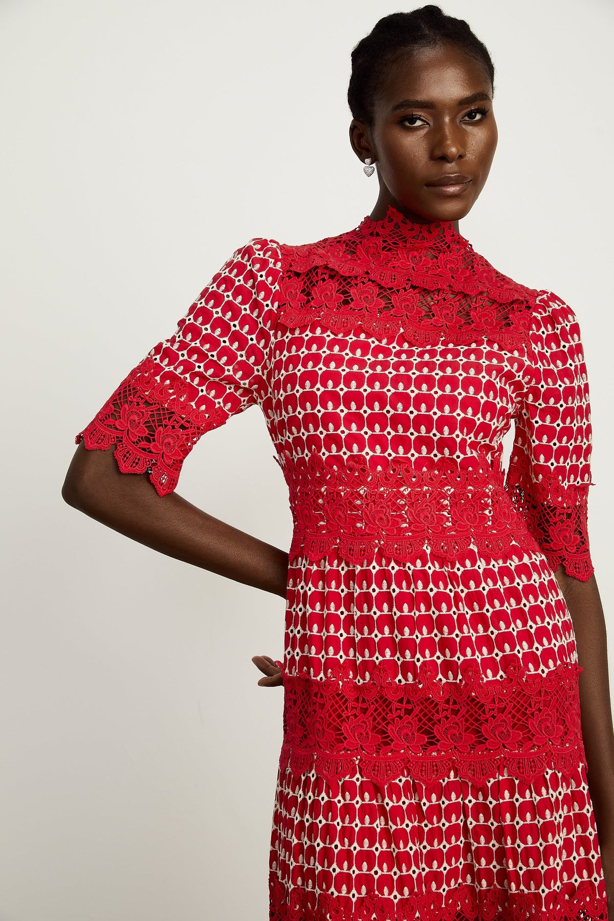 Chantal red scallop-pattern lace-panel maxi dress (Final Sale)