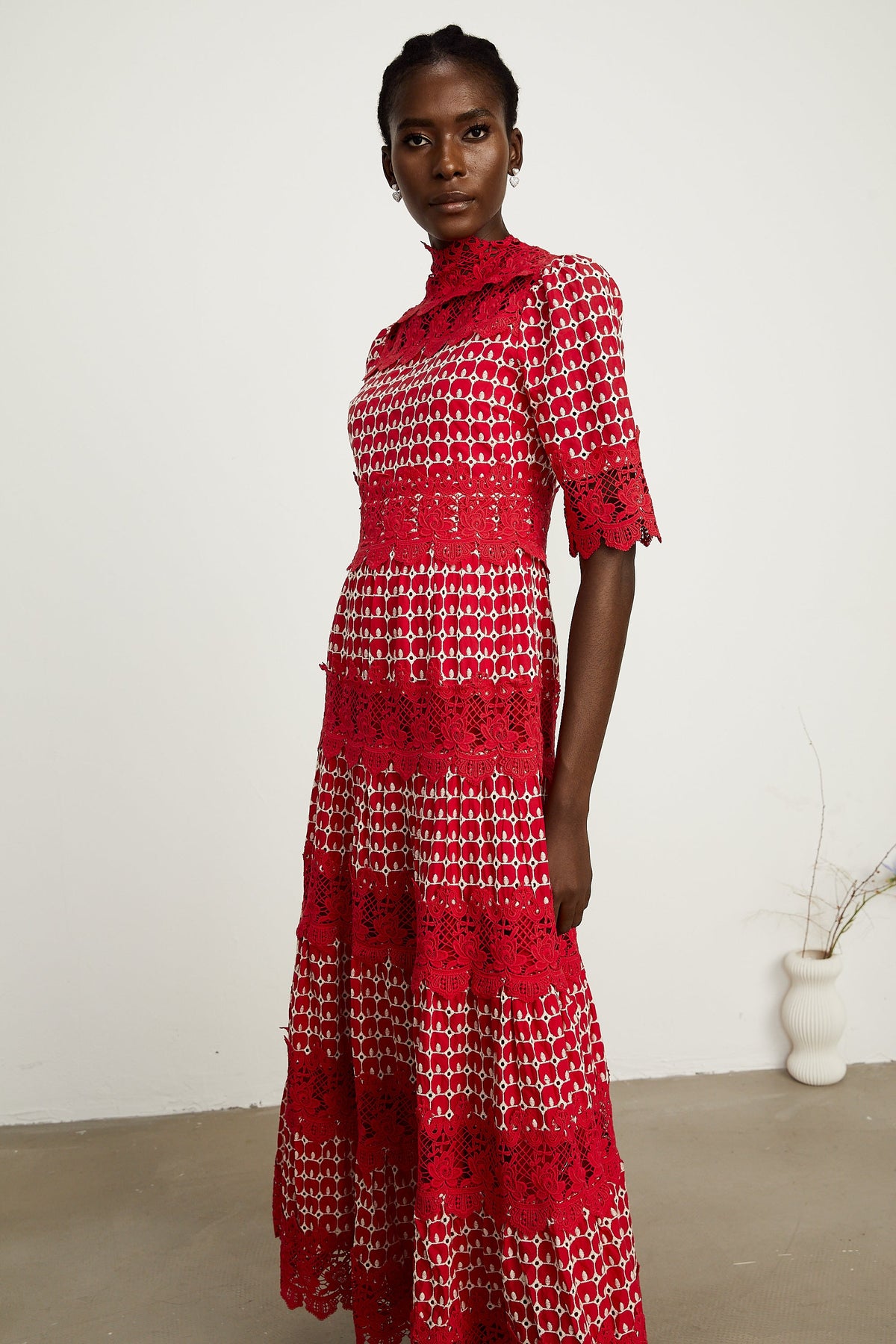 Chantal red scallop-pattern lace-panel maxi dress