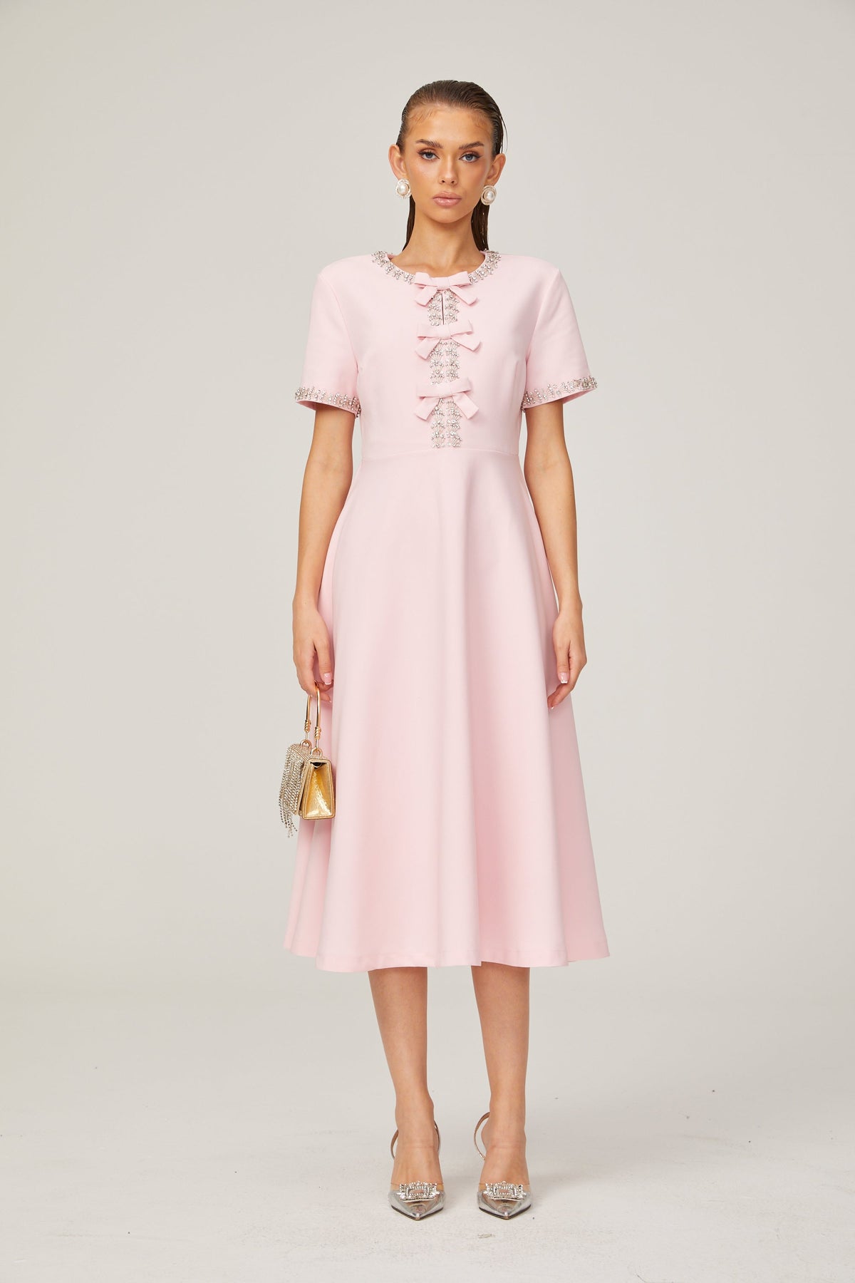 Cassiopeia crystal-accented pink bow midi dress (Final Sale-US Only)