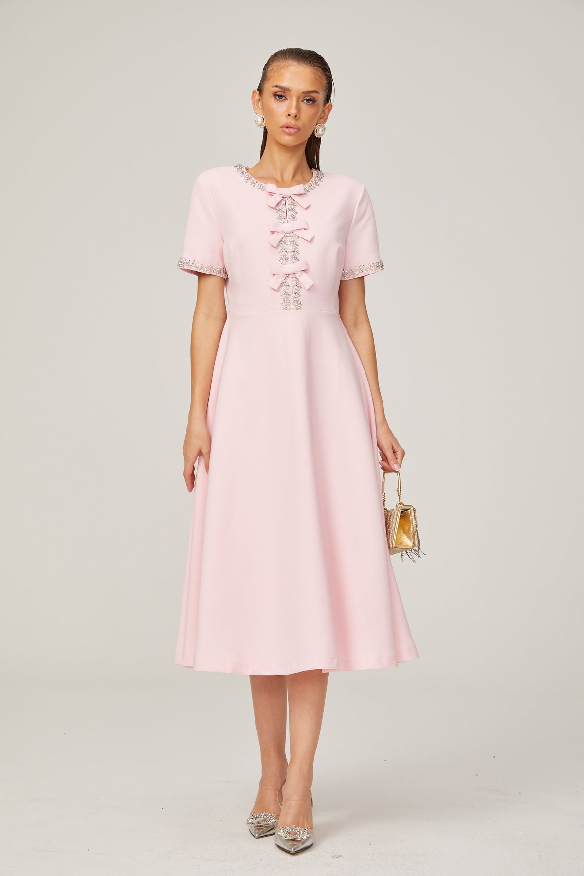 Cassiopeia crystal-accented pink bow midi dress (Final Sale-US Only)