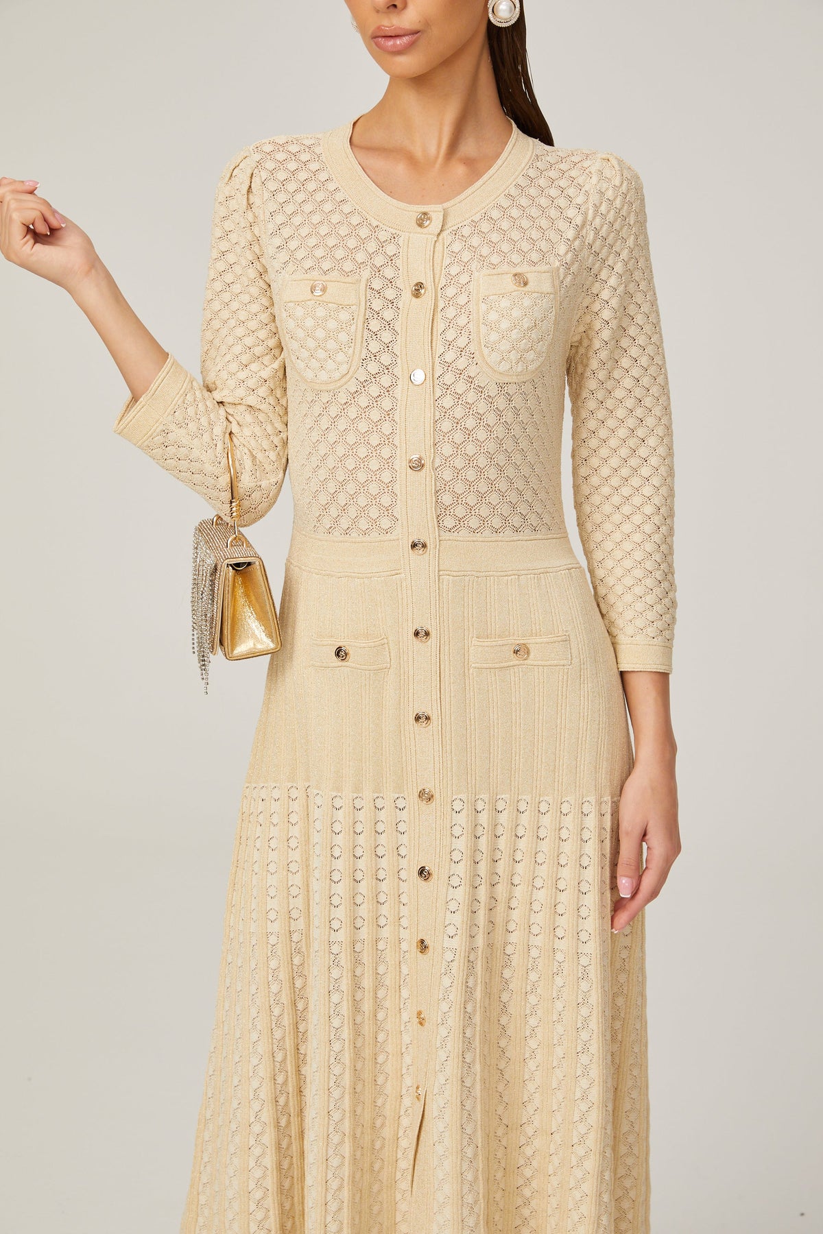Élodie knitted long-sleeve midi dress in Neutrals
