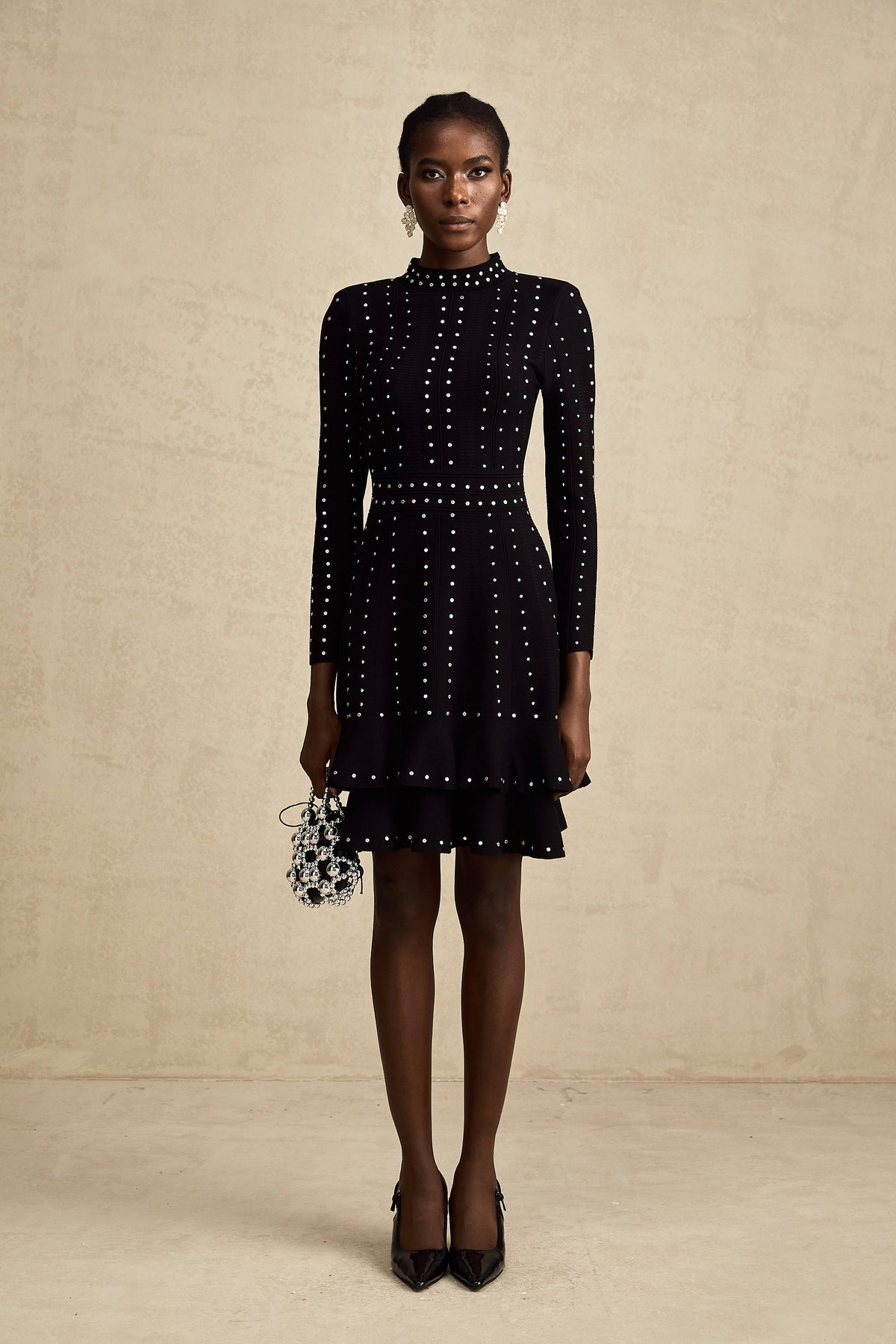 Fabienne Black Embellished Ruffled Knit Mini Dress (Final Sale-US Only)