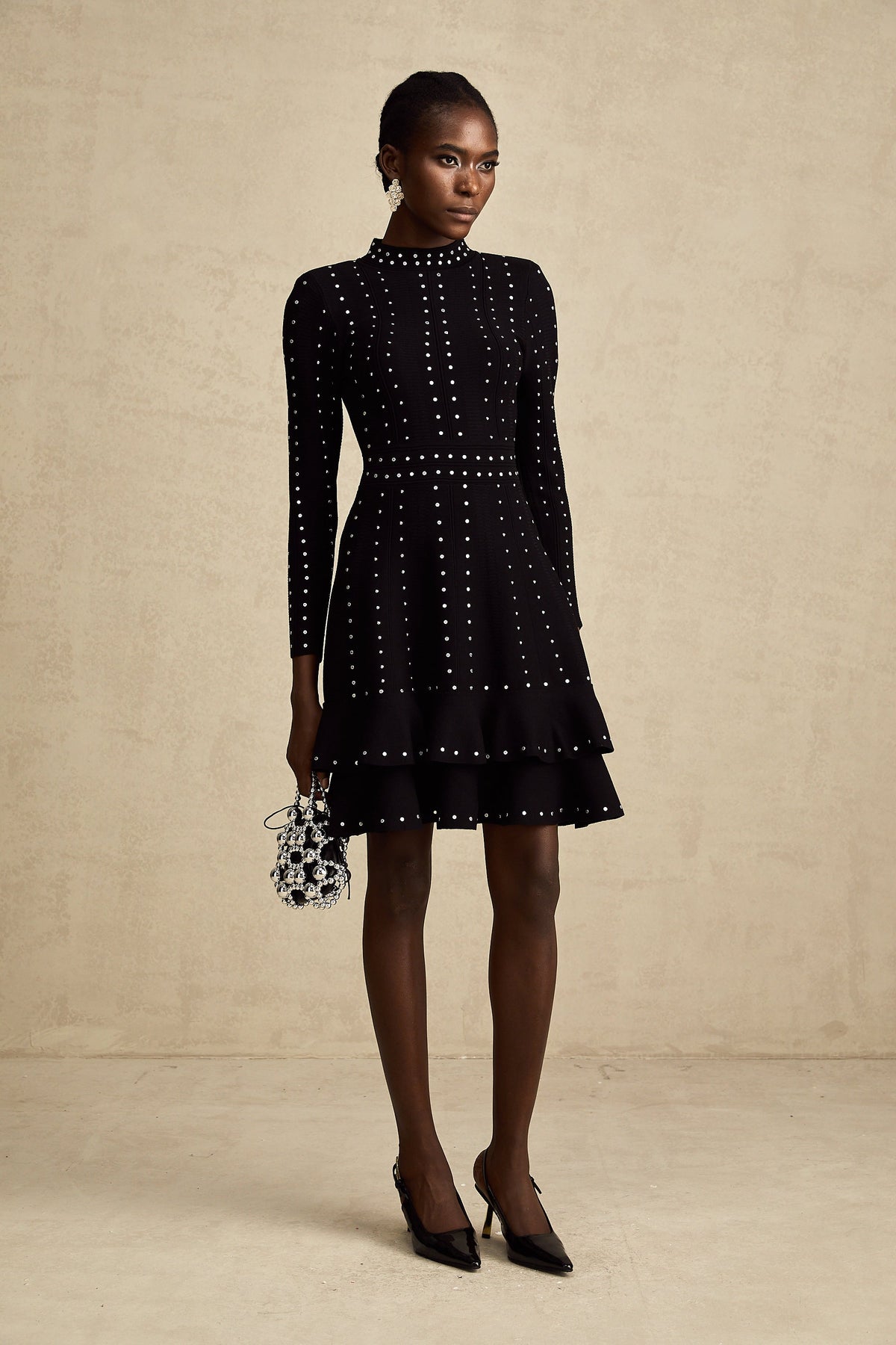 Fabienne Black Embellished Ruffled Knit Mini Dress (Final Sale)
