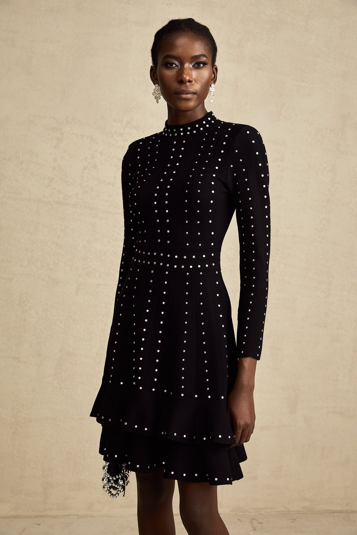 Fabienne Black Embellished Ruffled Knit Mini Dress (Final Sale)